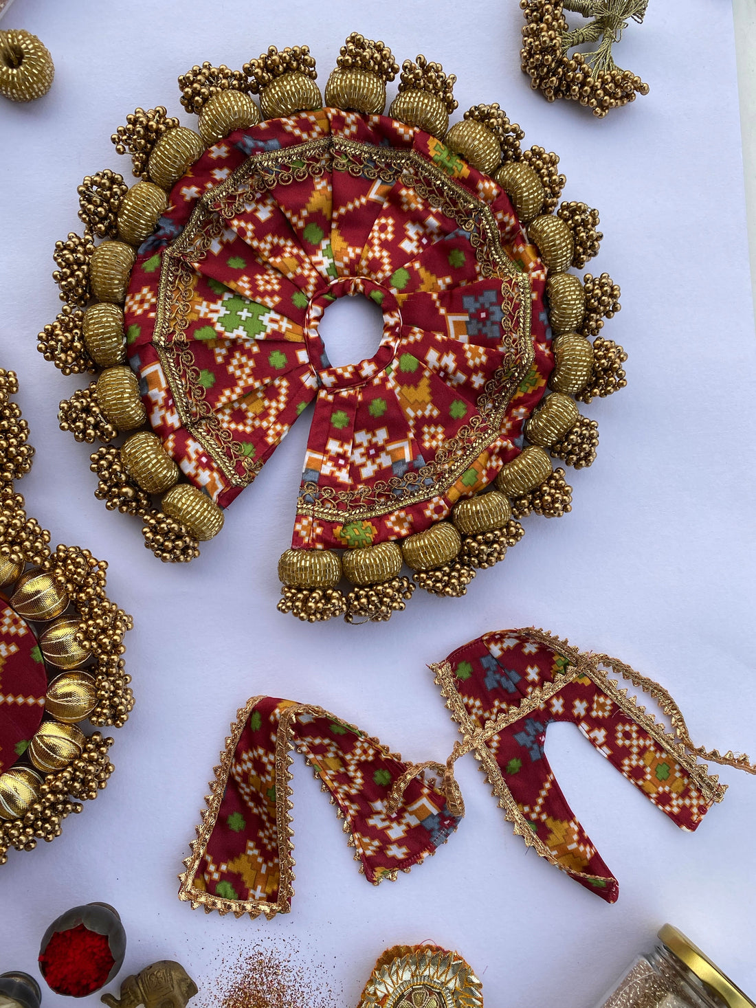 Maroon Navratna Patola Glass Beaded Poshak + Joker Poker Reciprocal Diya Platters