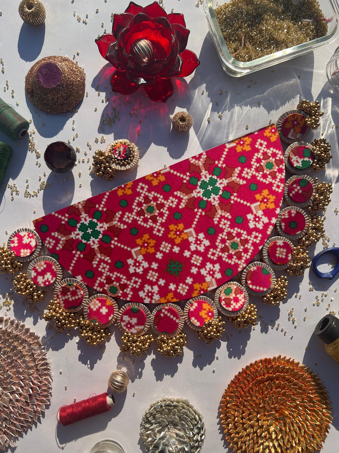 Maroon Navratna Patola and Pink Navratna Patola Arc Lumba Rangoli