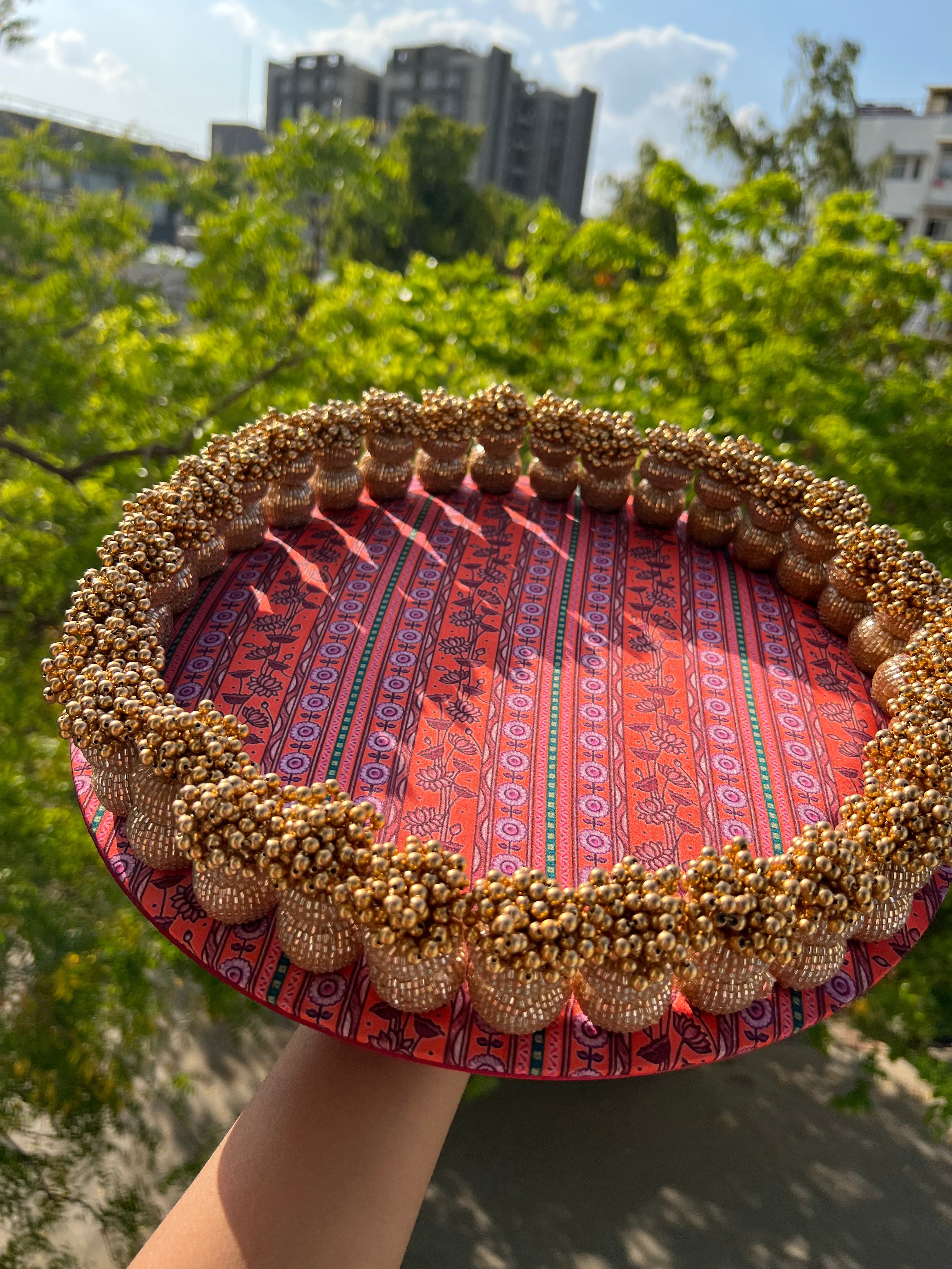 Vermillion Congruous Divine Pichwai + Solid Maroon Dangler Platter (Large)