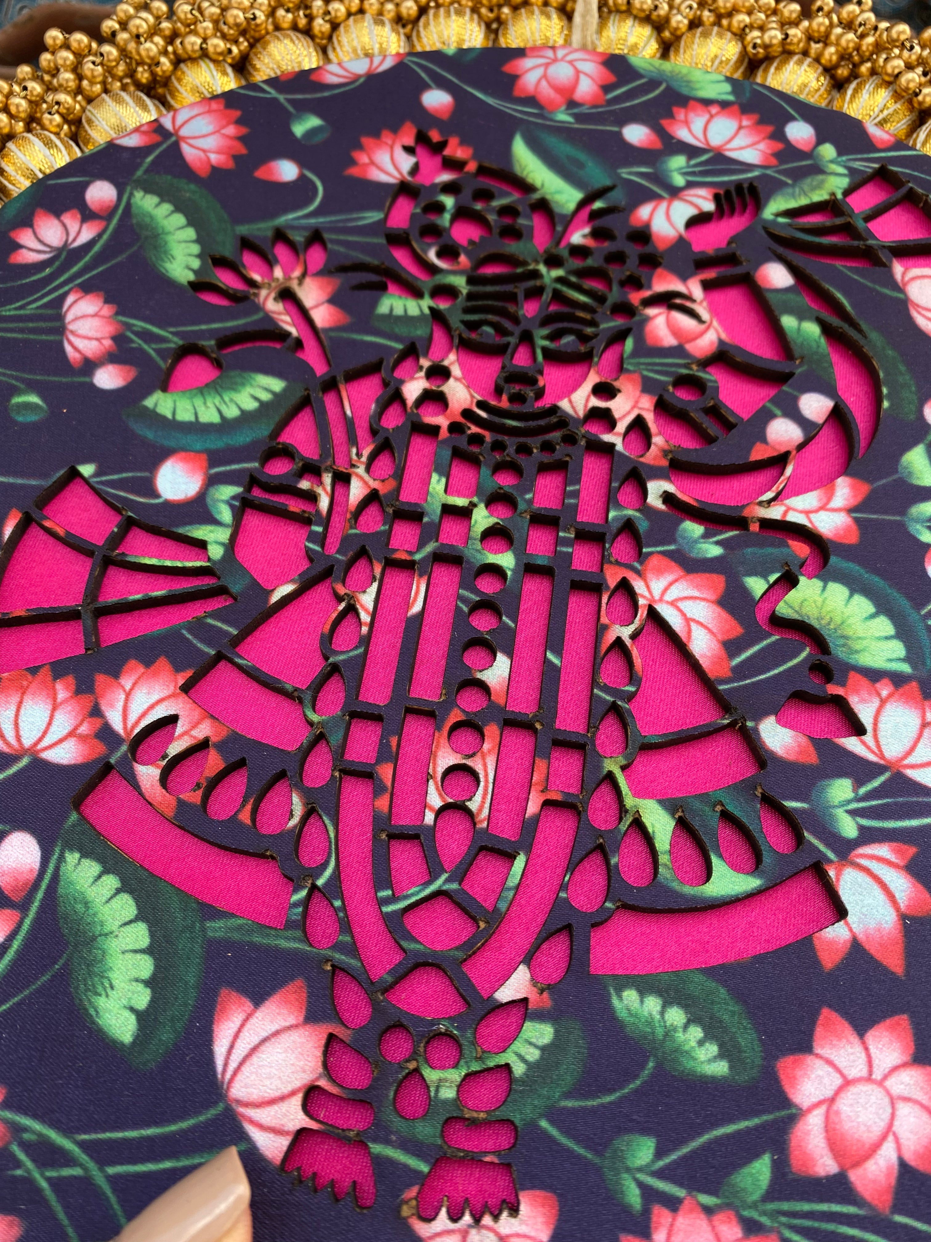 Shrinathji: Classic Pink Colloquial Divine Pichwai + Golden Yellow Navratna