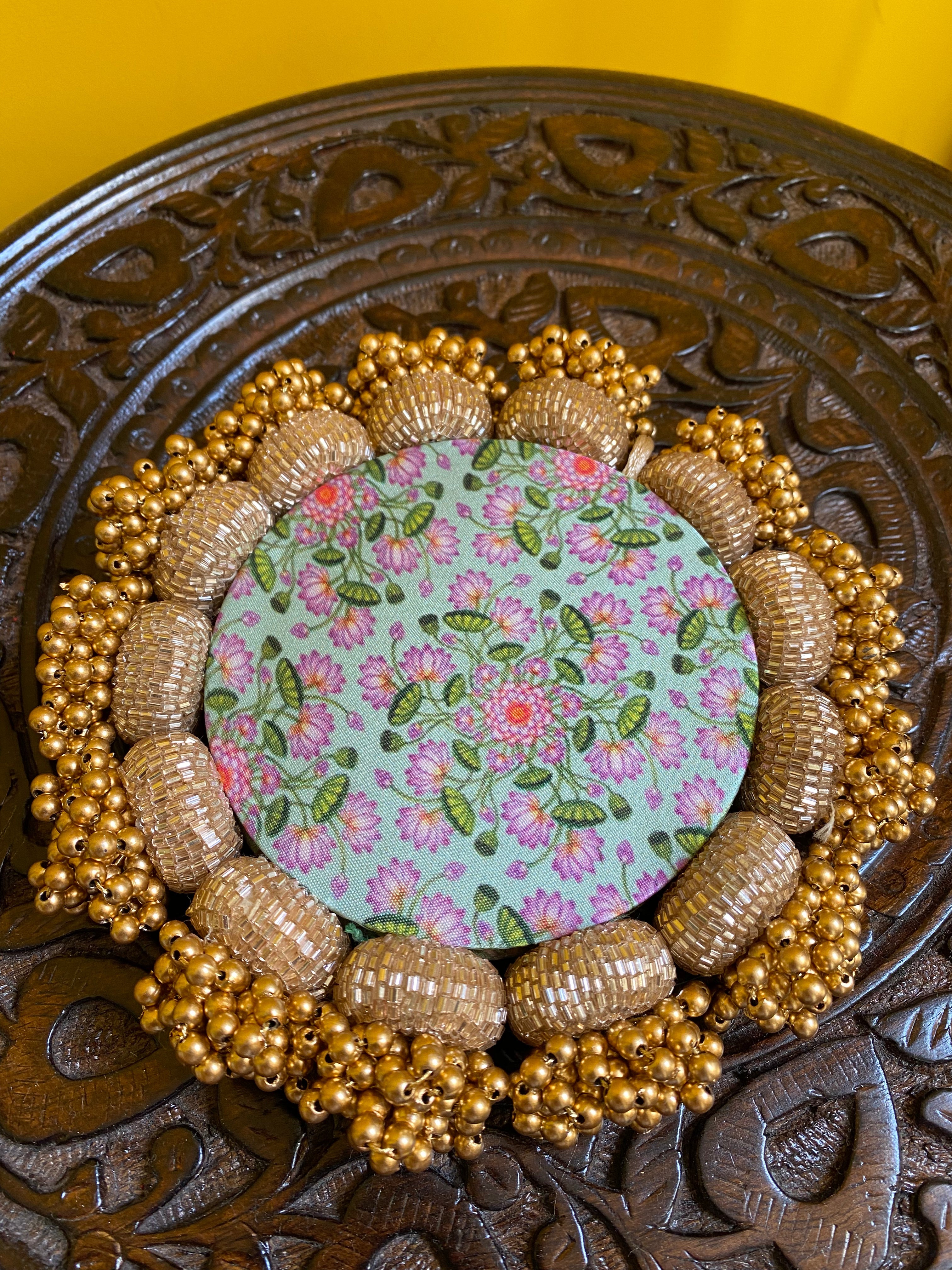 Mandala DIVA DIYA Platter: Solid Pastel Pistachio + Pastel Pistachio Inflorescence  Divine Pichwai