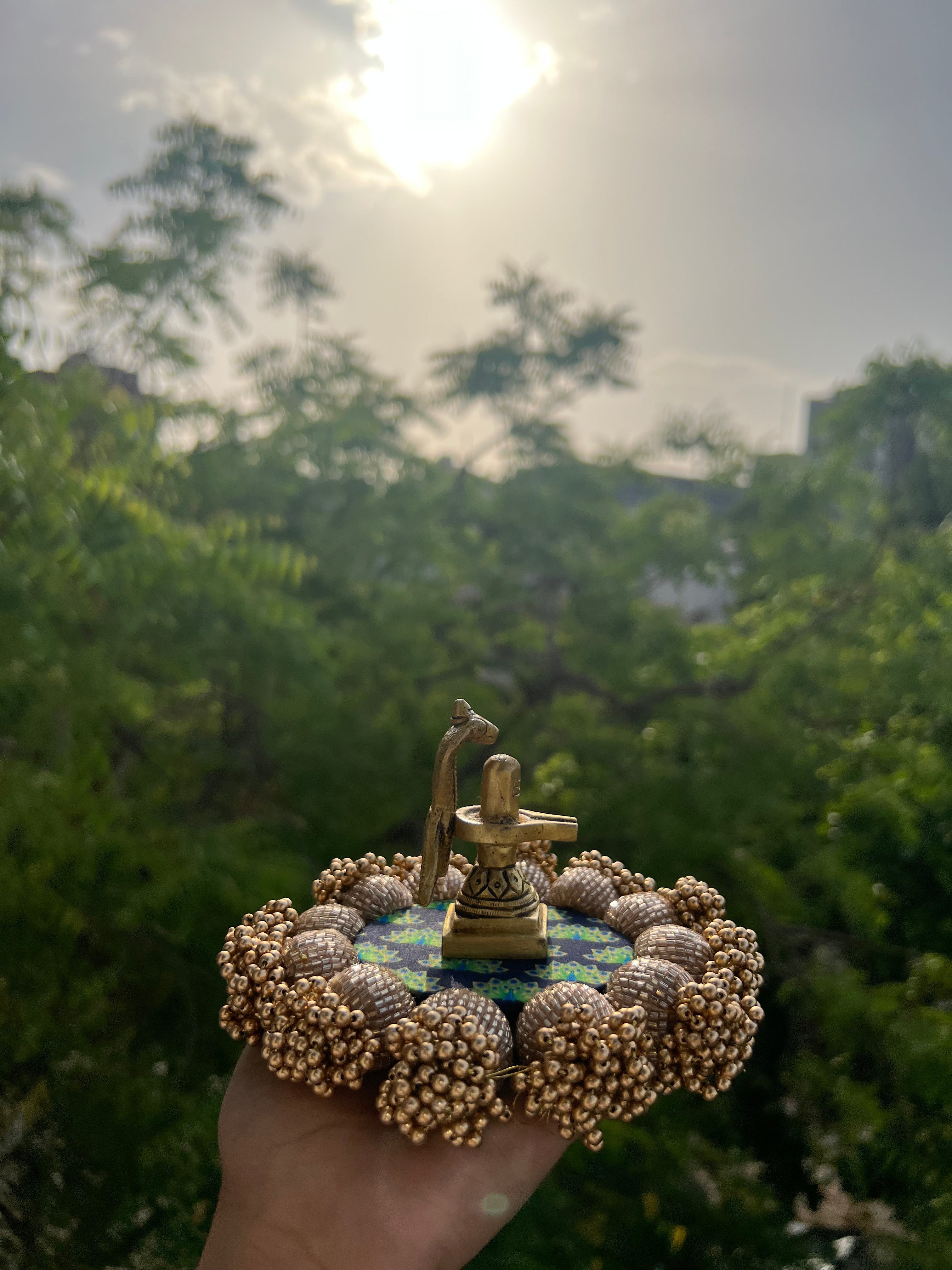 Spherical Mini Platter: Flare Mor Bani Thangat Kare + Pastel Pistachio Inflorescence Divine Pichwai