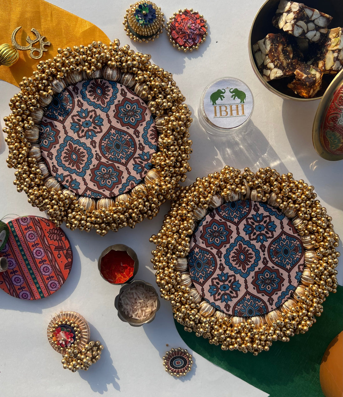 Bottle Green Navratna Patola & Upended Confluence Intense Ajrakh Beaded Shubh Labh Platters- Set of two