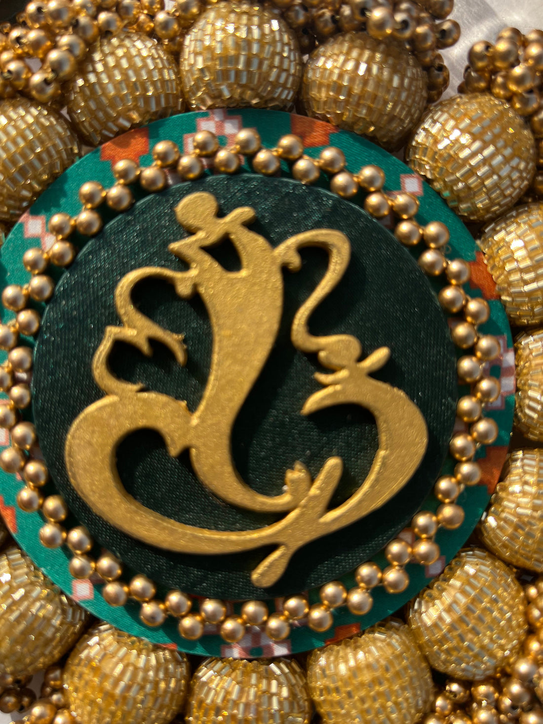 SPHERICAL GANESH Platter: Bottle Green Navratna Patola + Vermillion Congruous Divine Pichwai