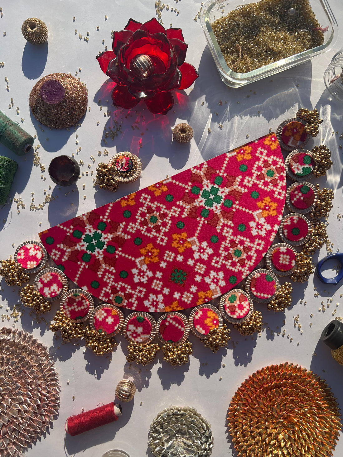 Maroon Navratna Patola and Pink Navratna Patola Arc Lumba Rangoli