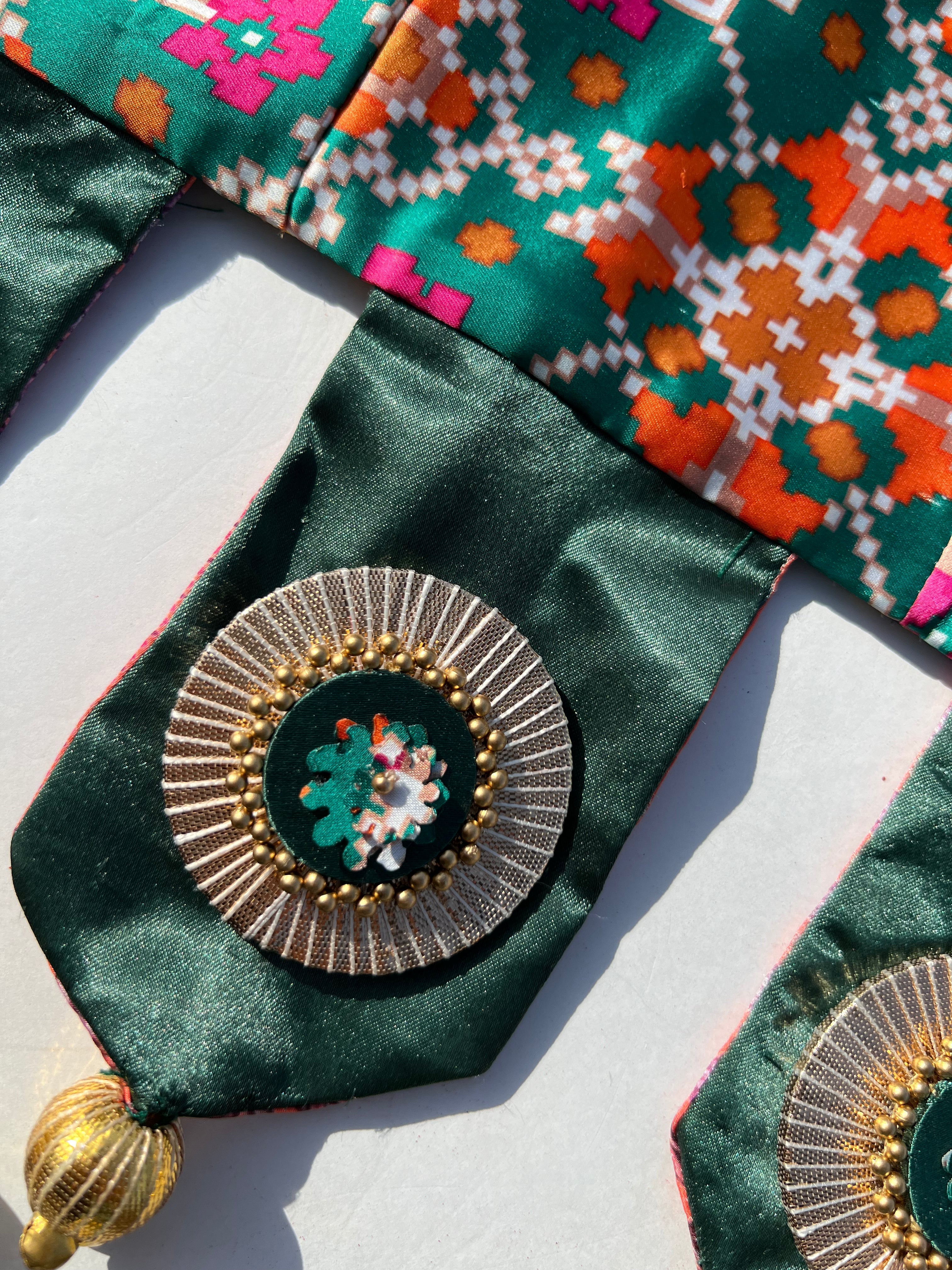 OG Style Toran: Bottle Green Navratna Patola + Congruous Divine Pichwai (Flexible)