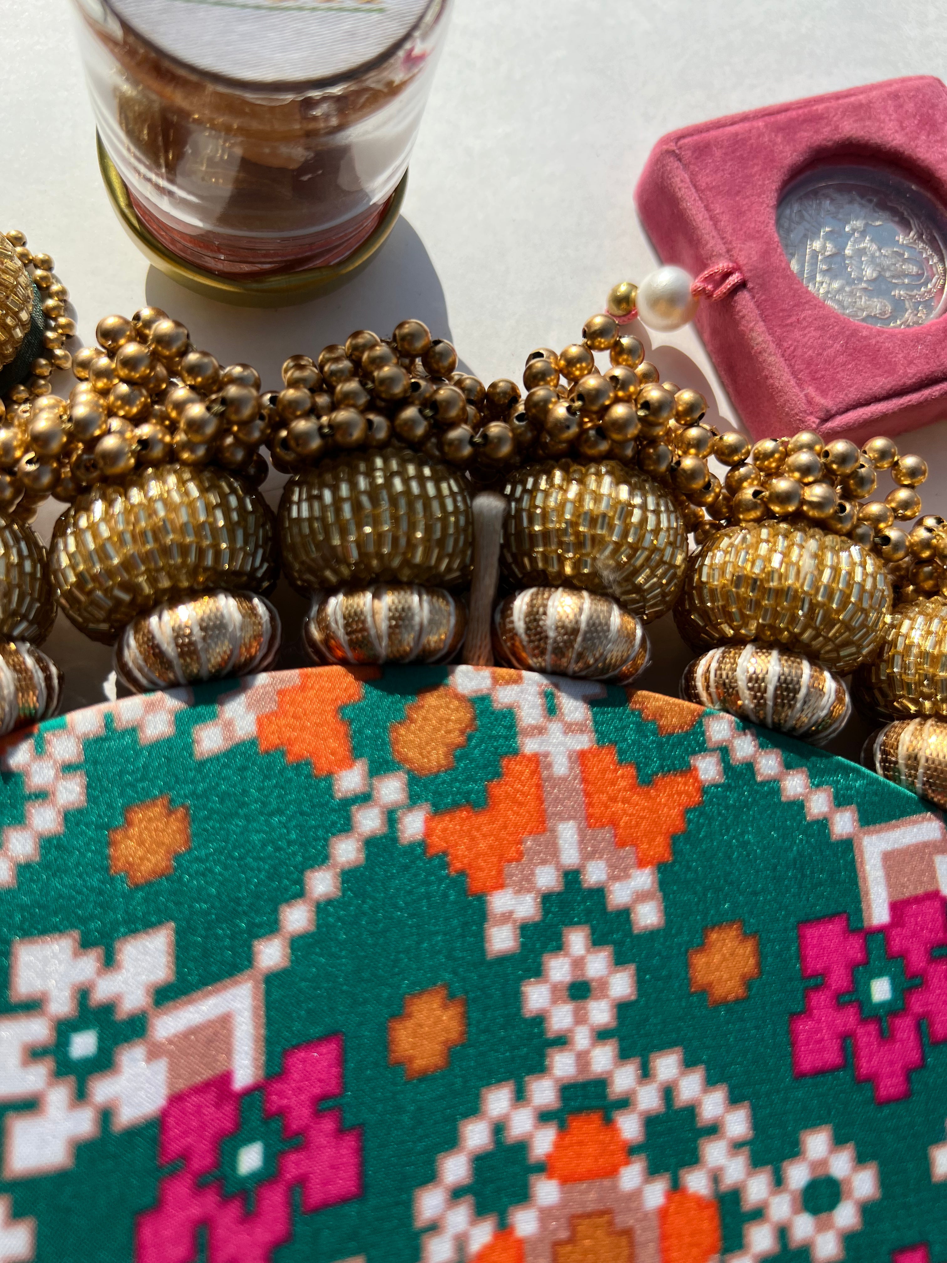Ganesh Motif Platter + Hanging: Kamal Bandhej + Bottle Green Navratna Patola