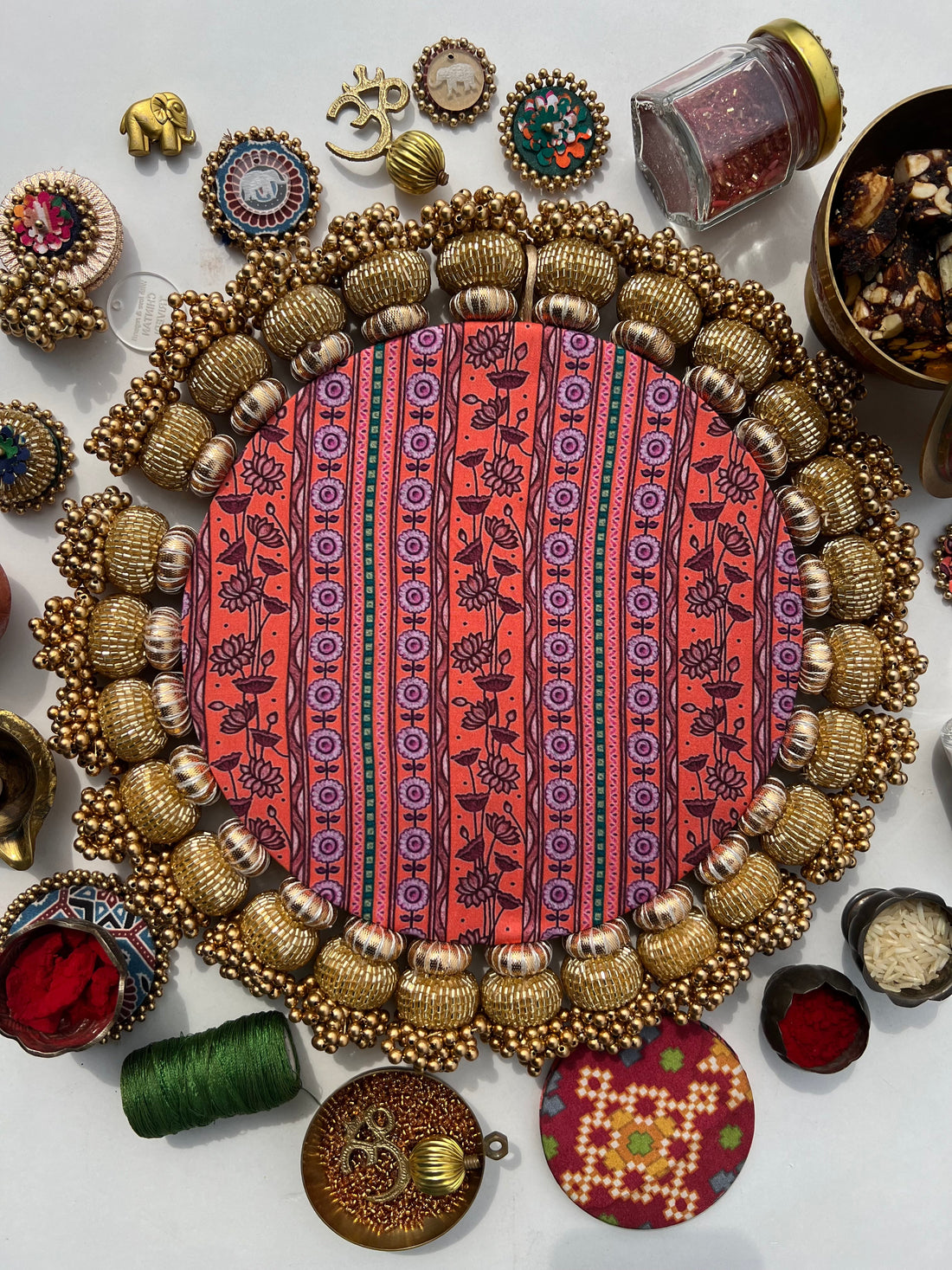 Mini Ganesh Platter: Lemon Yellow +  Vermillion Congruous Divine Pichwai