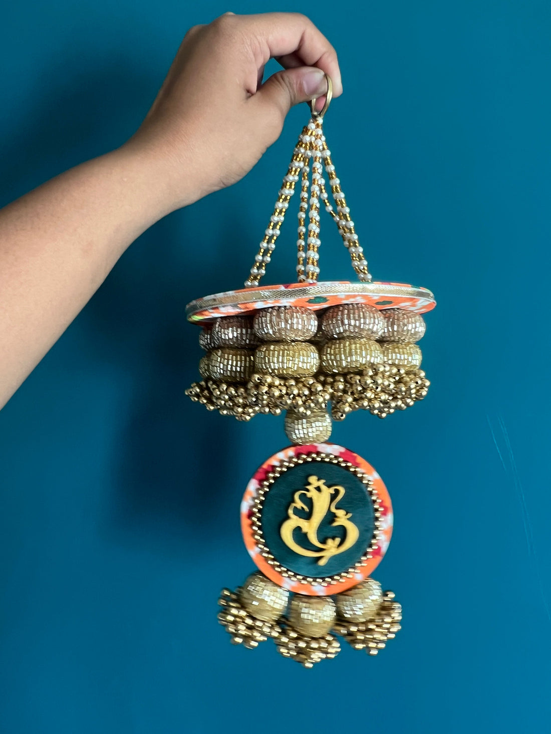Golden Yellow Navratna Patola Ganesh Pearl Hanging