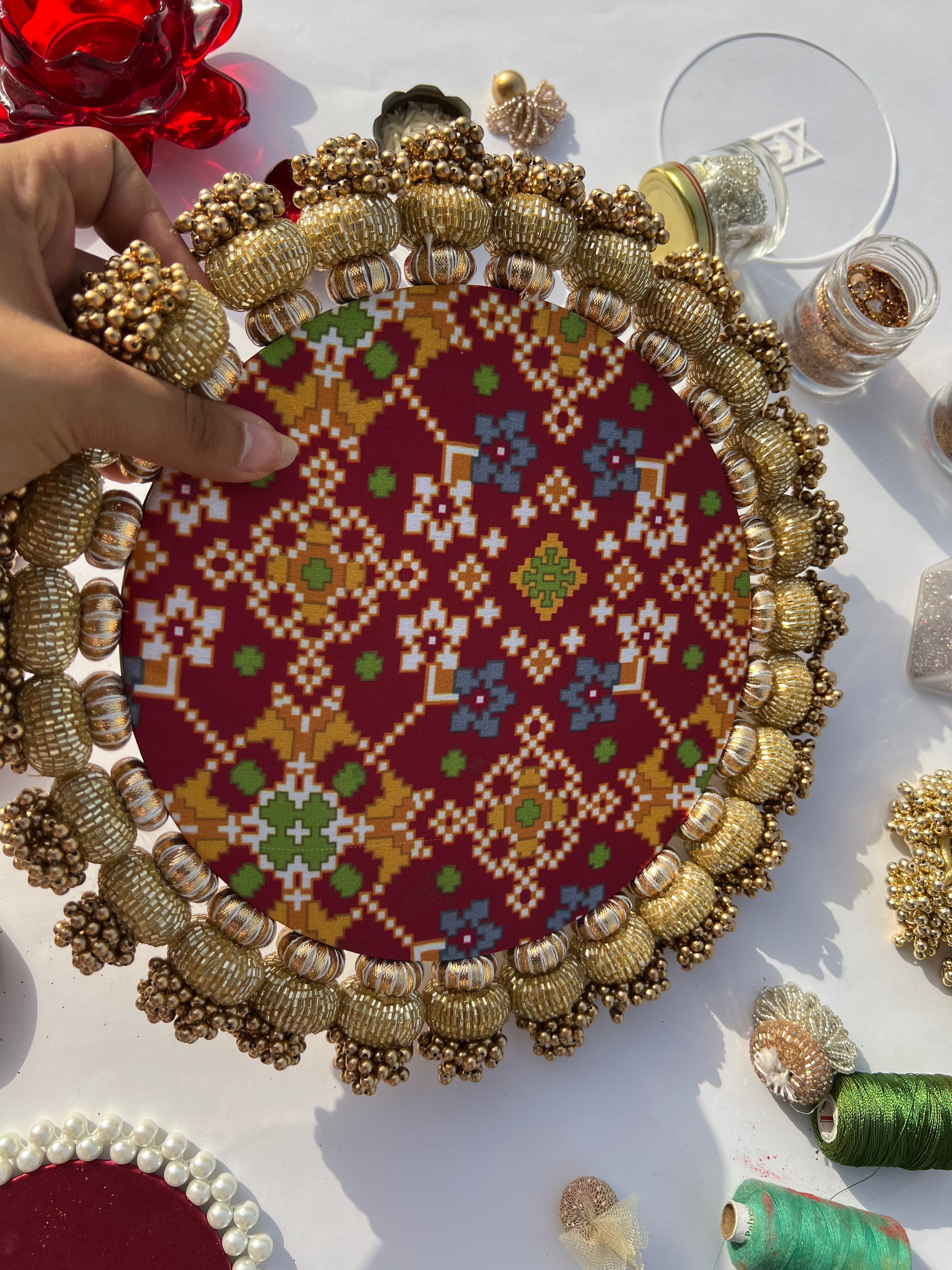 Flat Gota Chaandbali Maroon Navratna Patola & Pastel Pistachio Inflorescence Divine Pichwai Rangoli