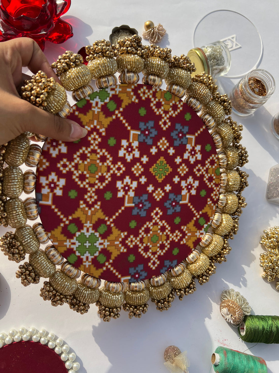 Flat Gota Chaandbali Maroon Navratna Patola & Pastel Pistachio Inflorescence Divine Pichwai Rangoli