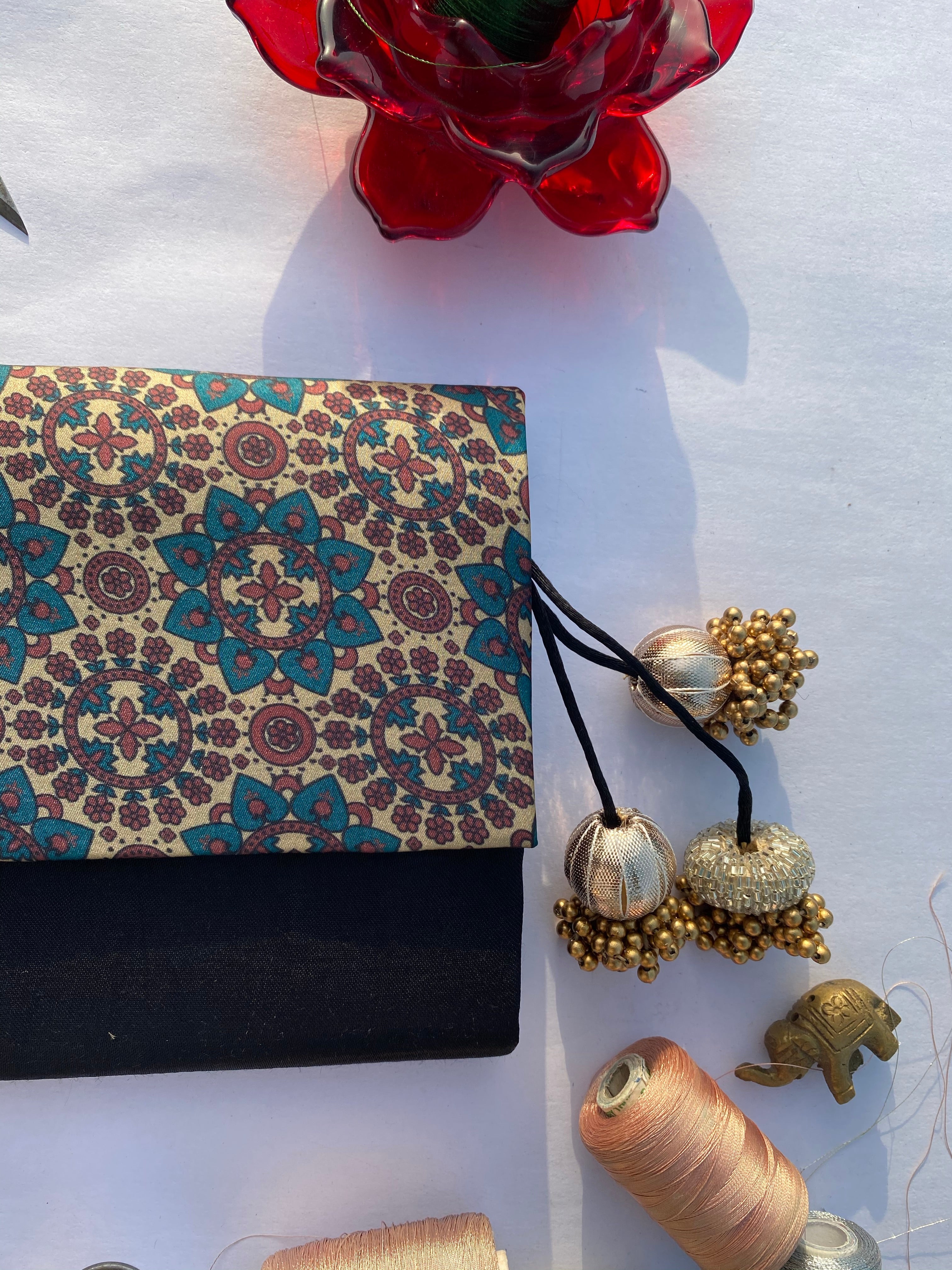 Burnt Pantone Intense Ajrakh X Solid Black Silk Encase Clutch