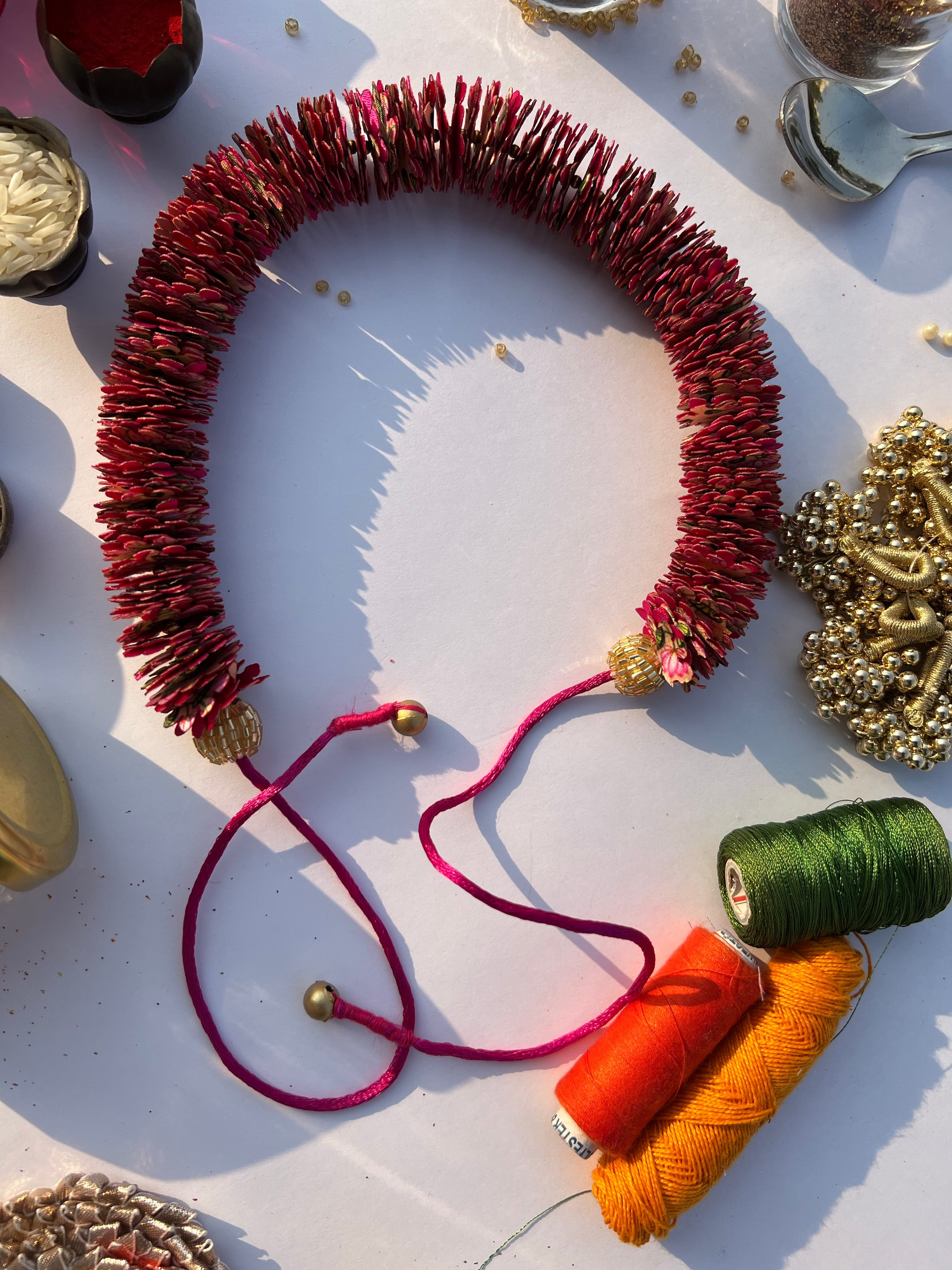 Micro Enchanted Inflorescence Divine Pichwai & Solid Pink Gajra- FLOWER GARLAND FOR HAIR
