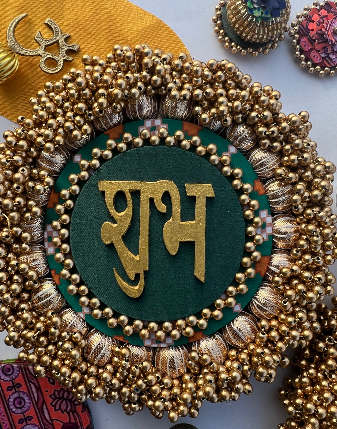 Bottle Green Navratna Patola & Upended Confluence Intense Ajrakh Beaded Shubh Labh Platters- Set of two
