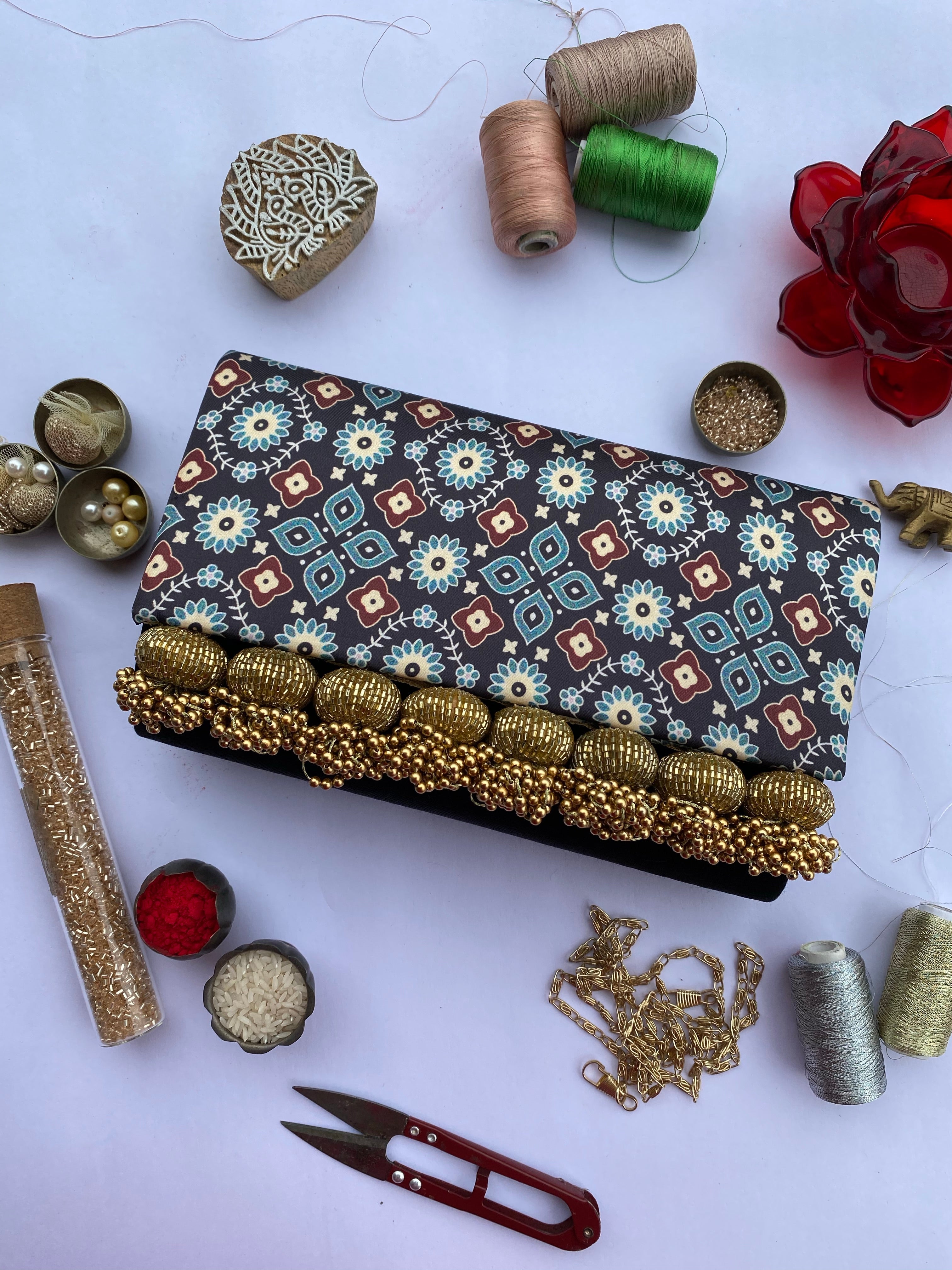 Set of 3 Micro Beaded Clutch X Solid Complimenting Silk