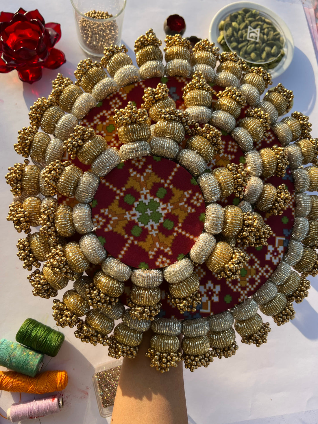 COMBO: Chaandbali Maroon Navratna Patola & Inflorescence Divine Pichwai Rangoli + Diya Platters