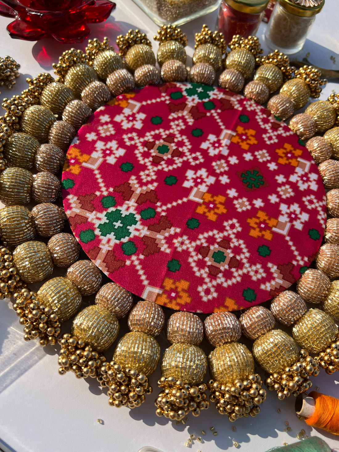 Spherical Chaandbali Pastel Pistachio Inflorescence Divine Pichwai and Pink Navratna Patola Rangoli