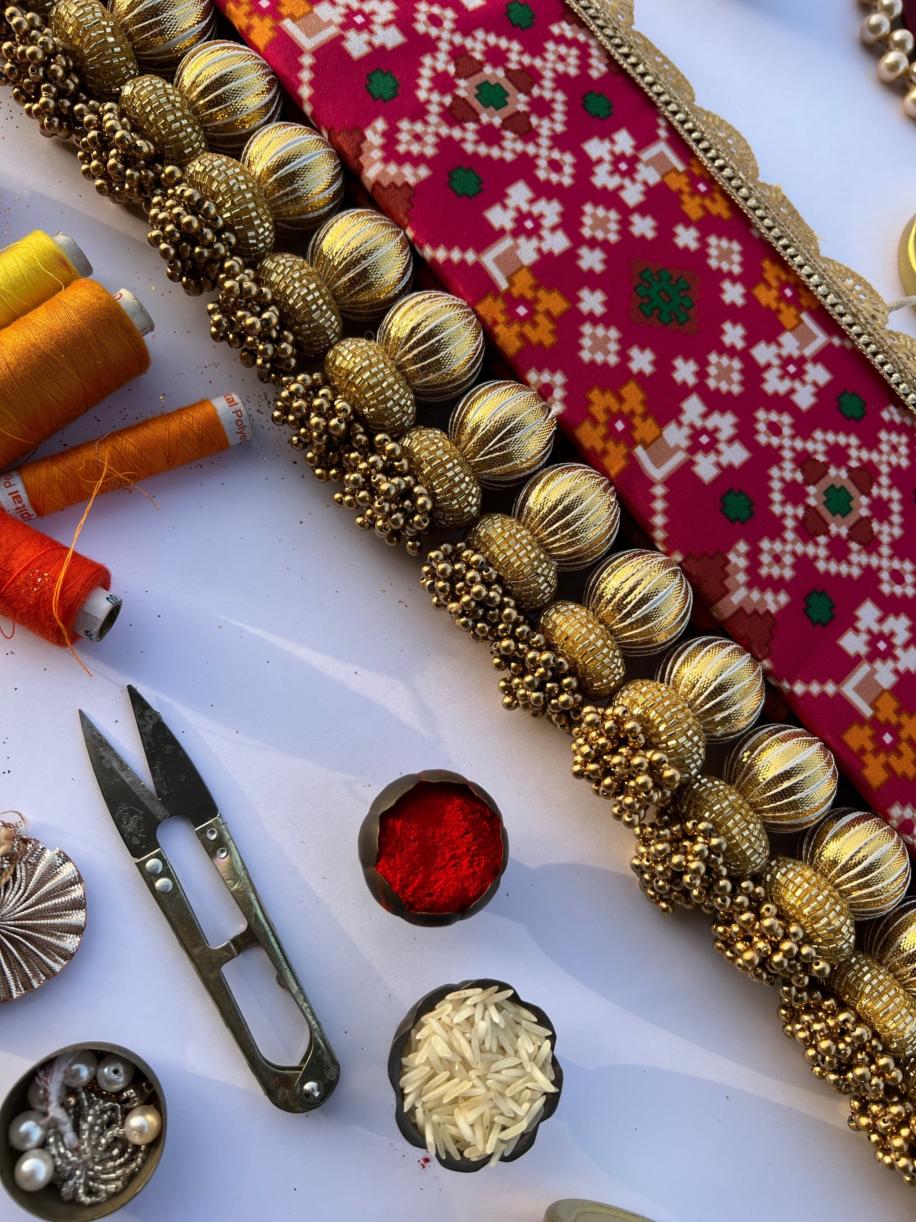 Vermillion Congruous Divine Pichwai and Pink Navratna Patola Tasseled Toran