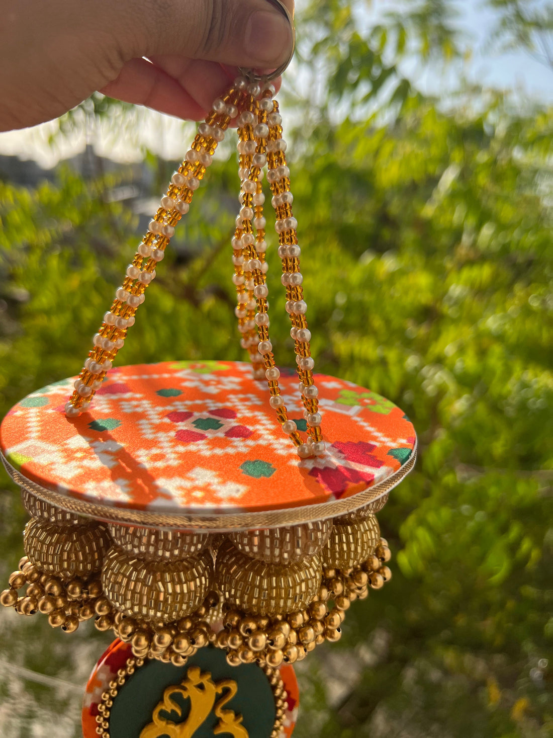 Golden Yellow Navratna Patola Ganesh Pearl Hanging