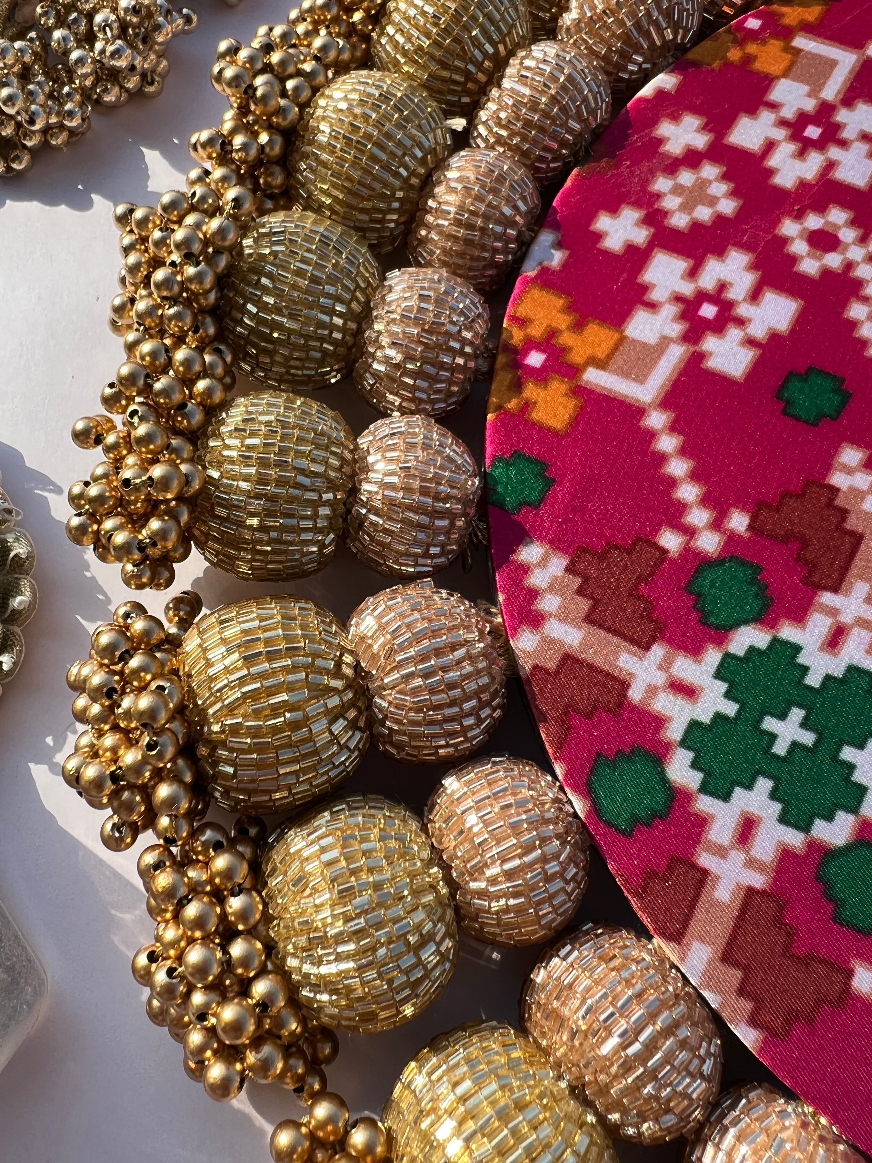 Spherical Chaandbali Pastel Pistachio Inflorescence Divine Pichwai and Pink Navratna Patola Rangoli