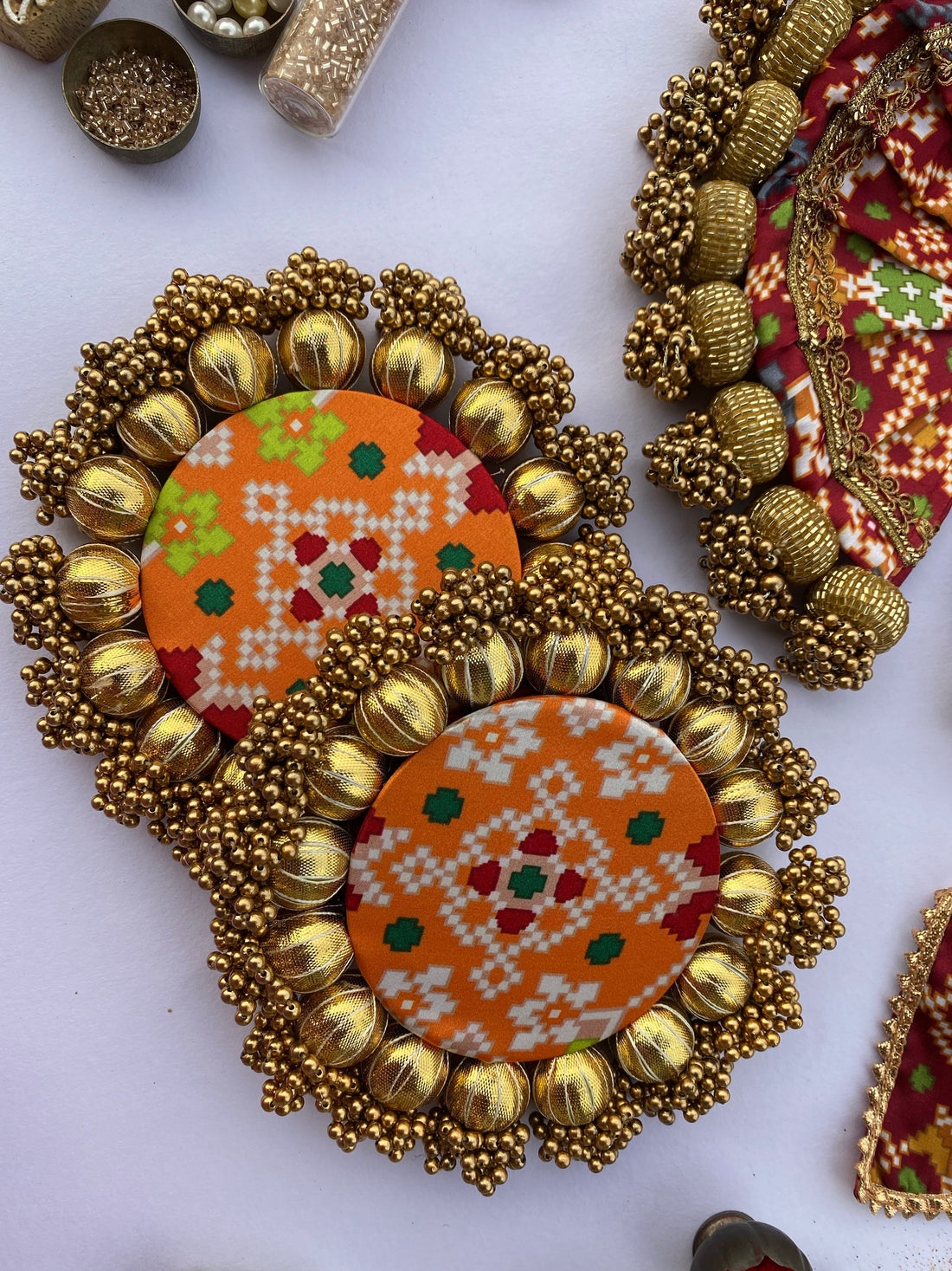 Maroon Navratna Patola Glass Beaded Poshak + Joker Poker Reciprocal Diya Platters