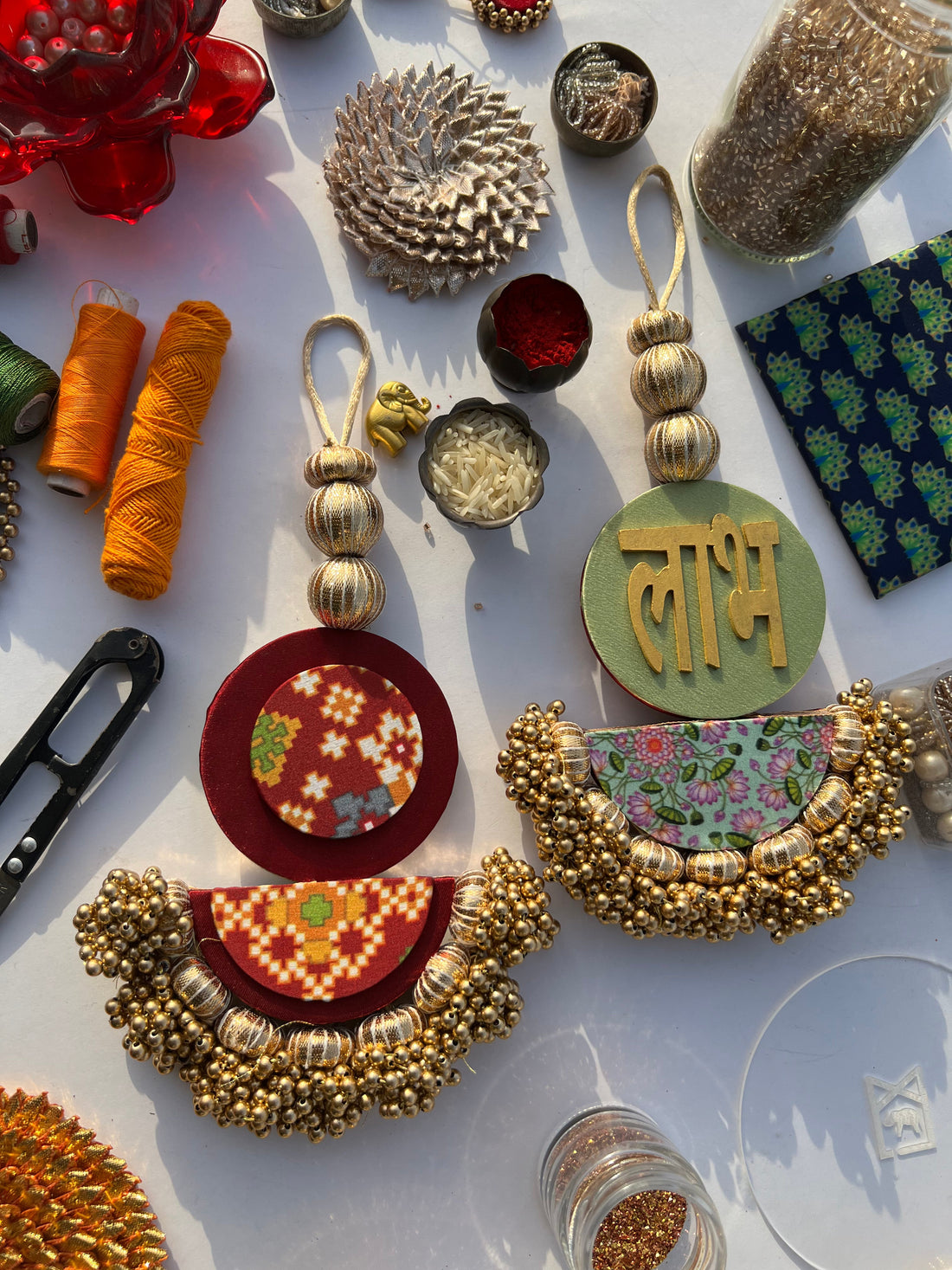 Arc Shubh Labh: Pastel Pistachio & Maroon Navratna Patola