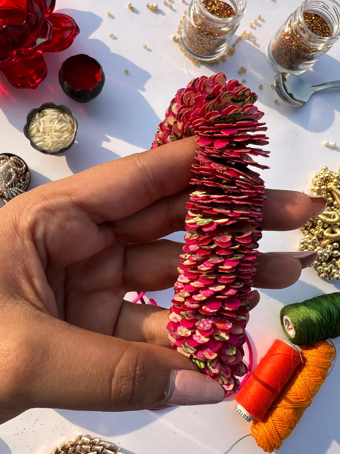 Micro Enchanted Inflorescence Divine Pichwai & Solid Pink Gajra- FLOWER GARLAND FOR HAIR