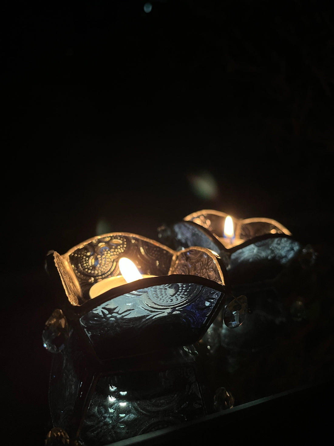 Prussian Blue Textured Glass Diya - Set of 2