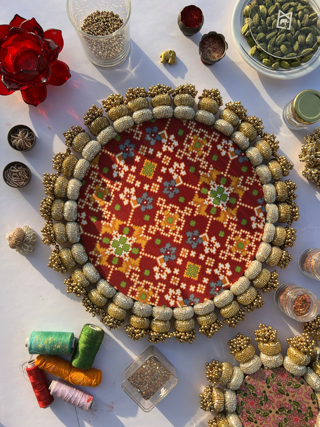 COMBO: Chaandbali Maroon Navratna Patola & Inflorescence Divine Pichwai Rangoli + Diya Platters