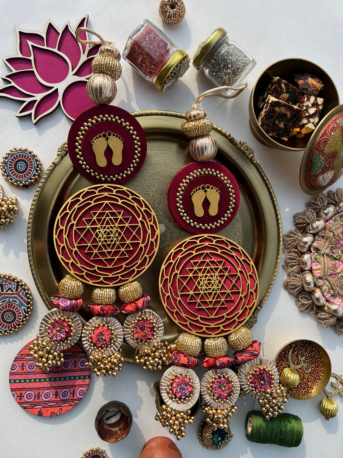 Shri Yantra & Lakshmi Pagla Danglers: Solid Maroon + Vermillion Divine Pichwai
