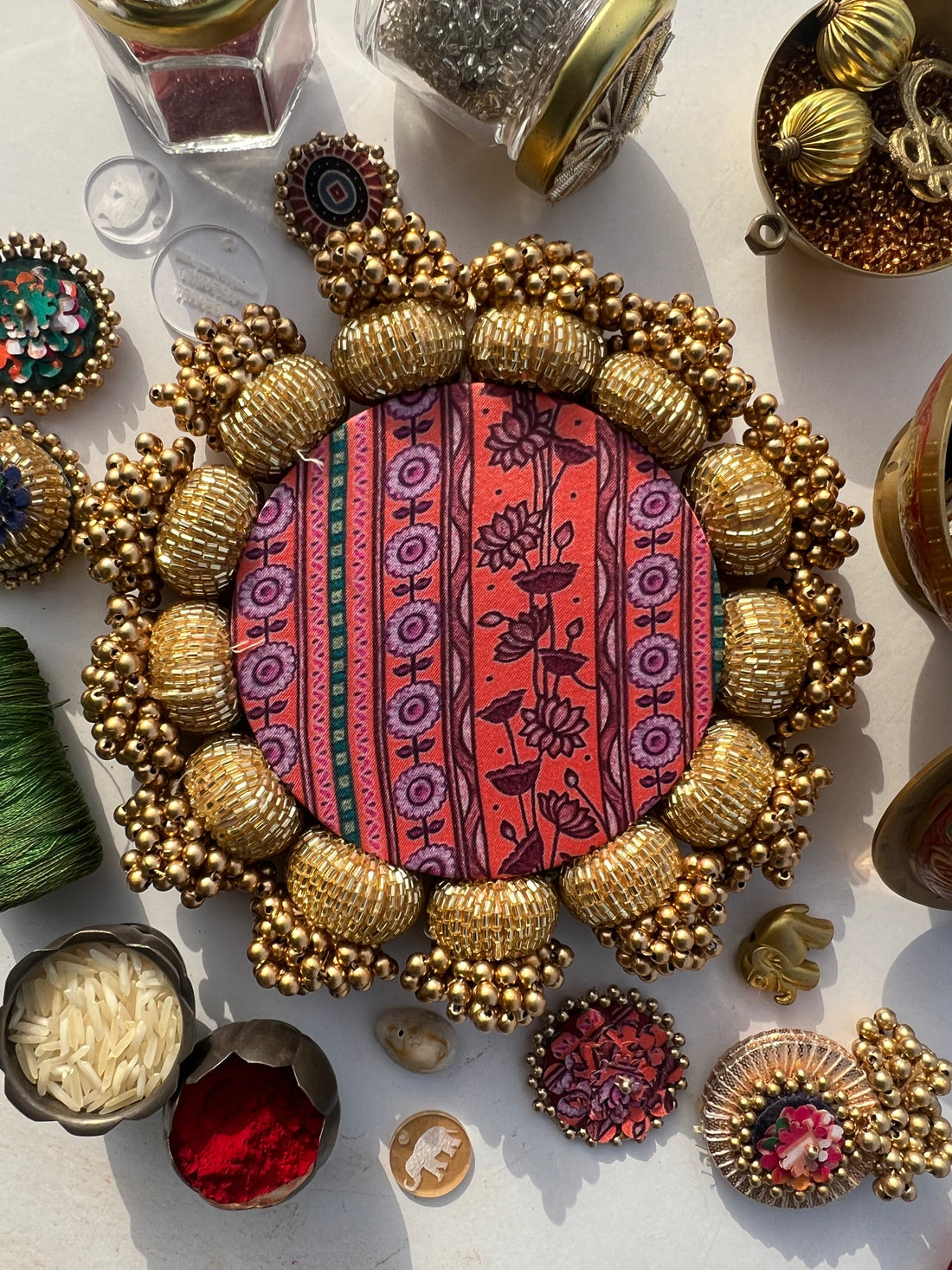 Lakshmi Pagla Platter + Hanging: Golden Yellow Navratna Patola + Vermillion Congruous Divine Pichwai