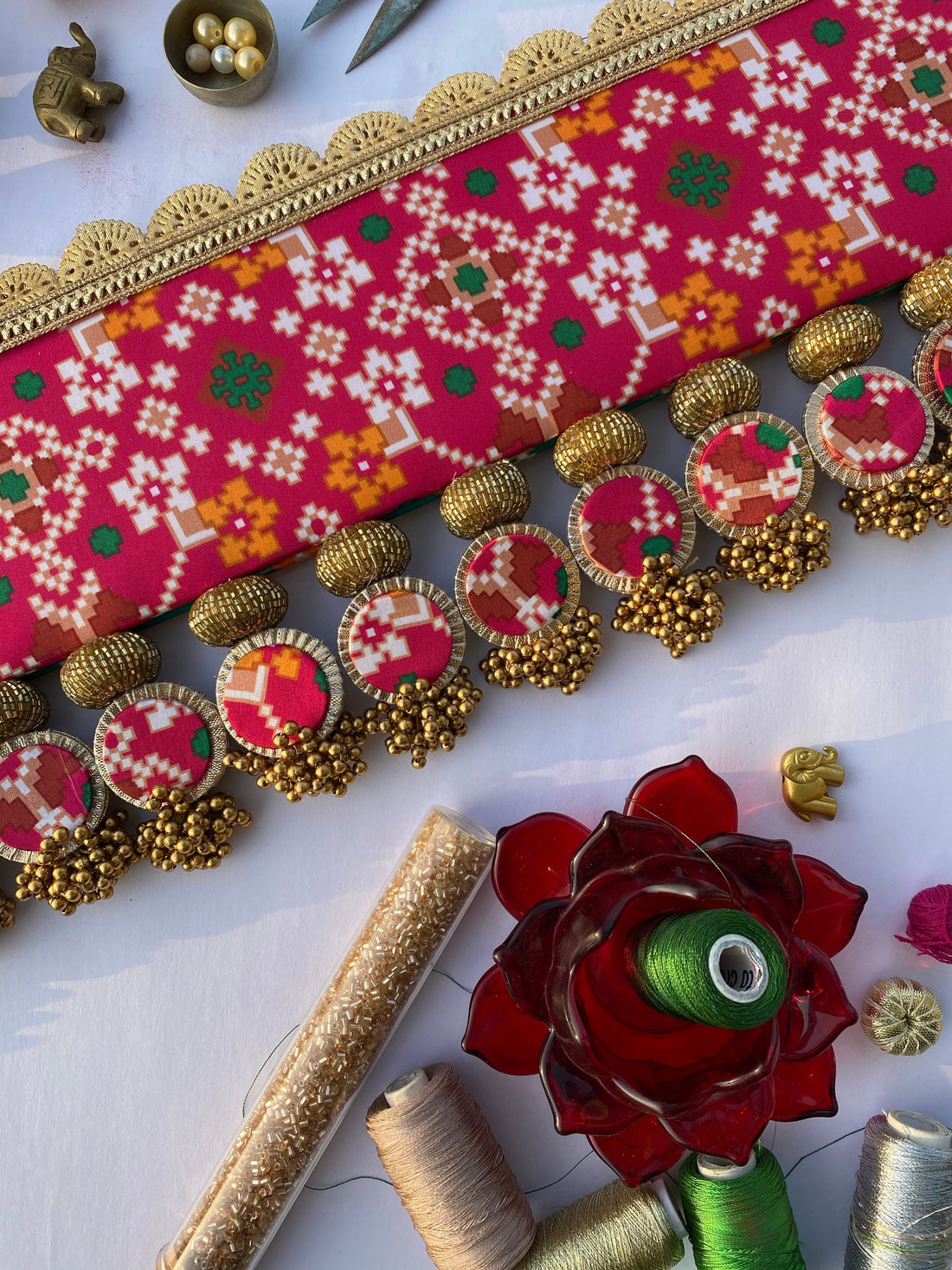 Chick-O-Fleek Sleek Toran Two Way: Green & Pink Navratna Patola X Glass Rhapsody Toran