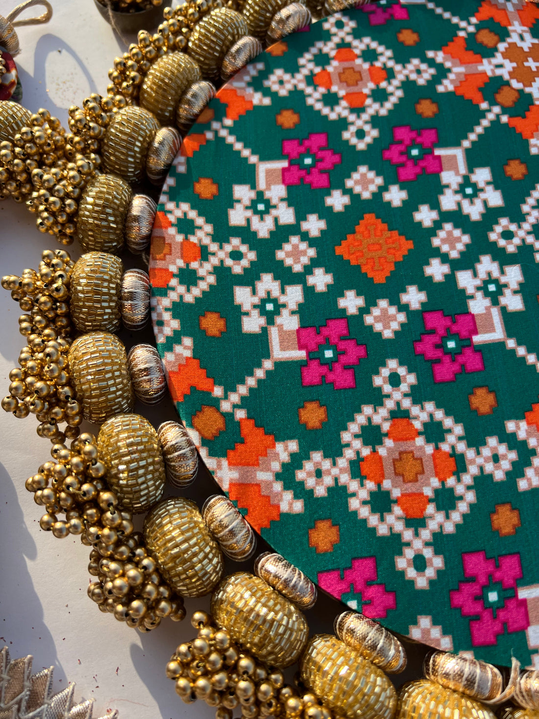 OM  Motif Platter + Hanging: OG Inflorescence & Bottle Green Navratna Patola