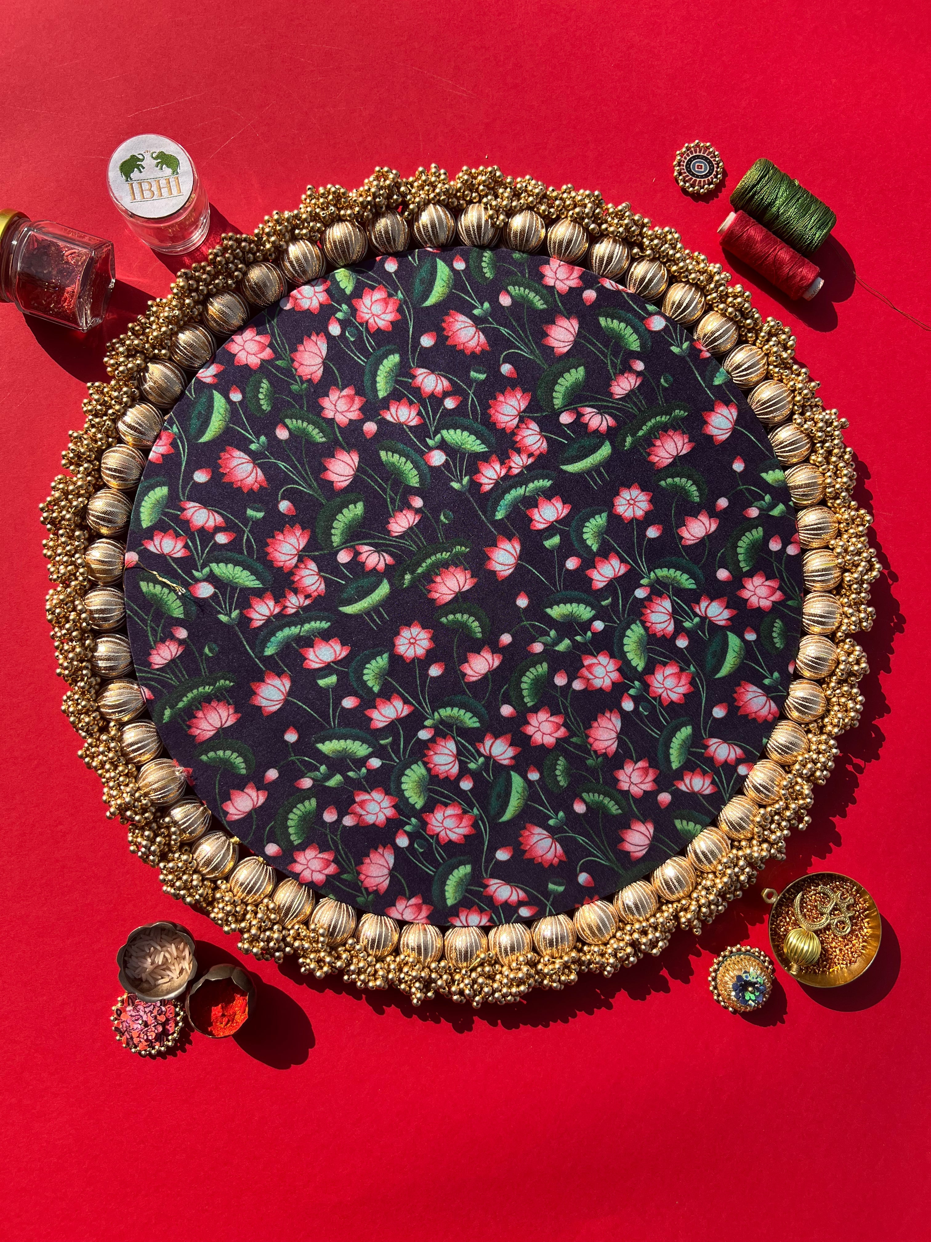 Kumkum Charan Thaal: Gehra Neela Divine Pichwai