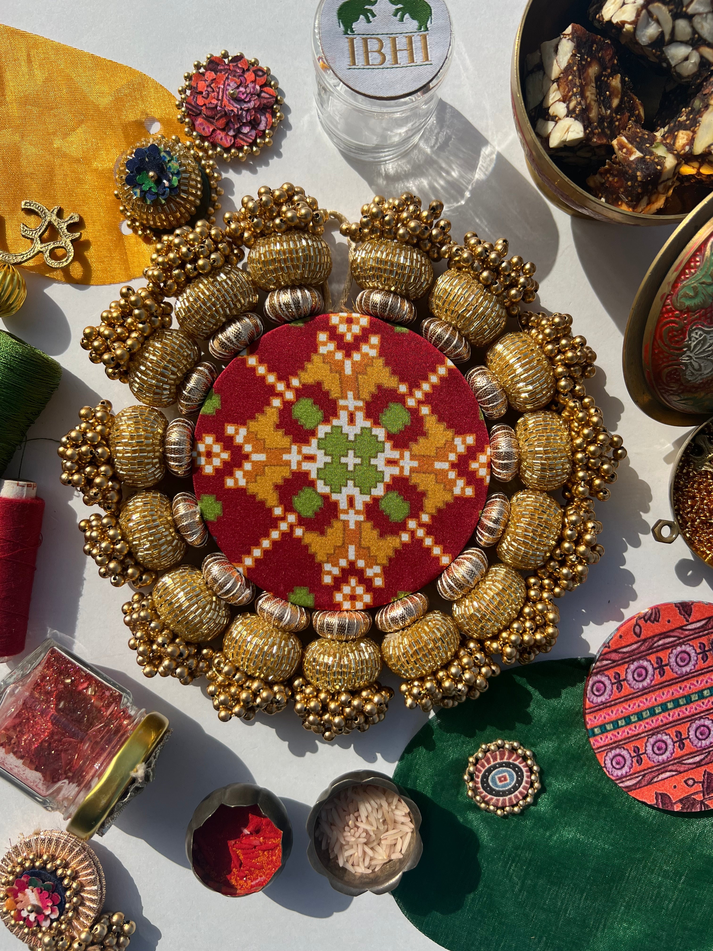 Chaandbali OM Platter: OG Inflorescence Divine Pichwai + Maroon Navratna Patola