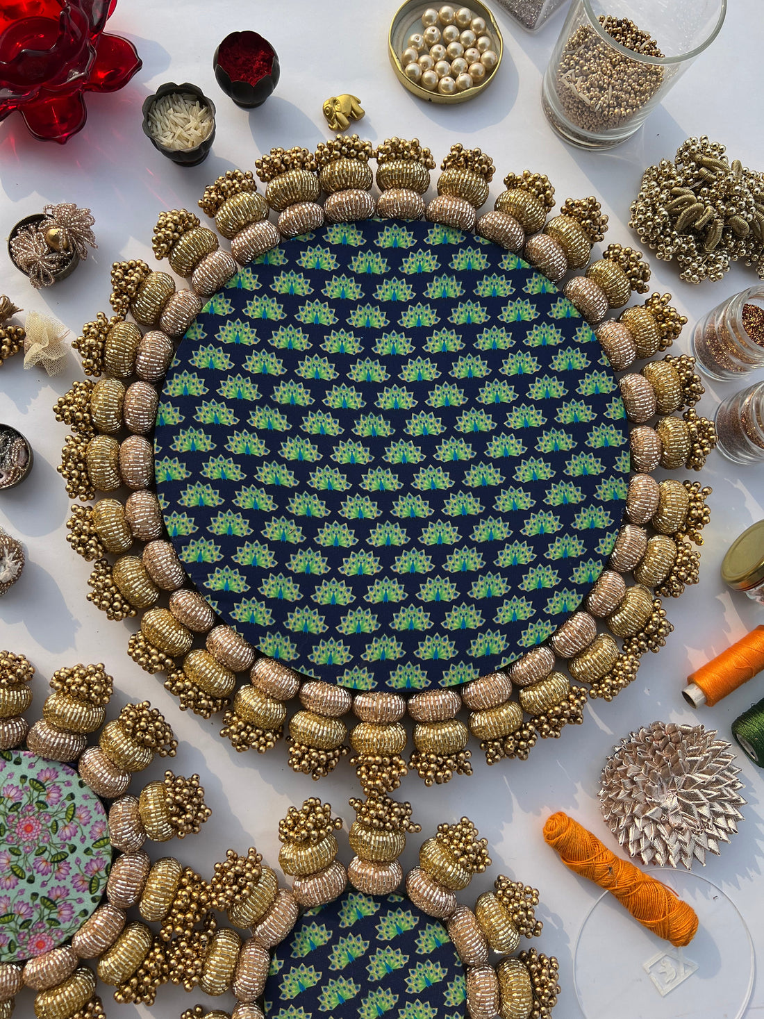 Chaandbali Pastel Pistachio Inflorescence Divine Pichwai and Flare MORBANI THANGAT KARERangoli + Diya Platters