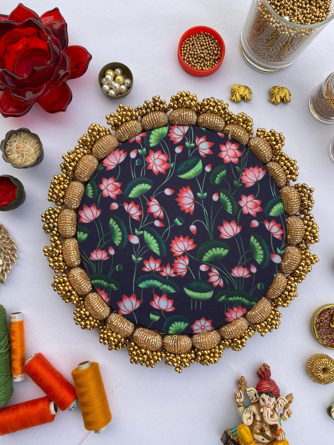 MINI RANGOLI: Inflorescence and Pink Colloquial Divine Pichwai Glass Beaded