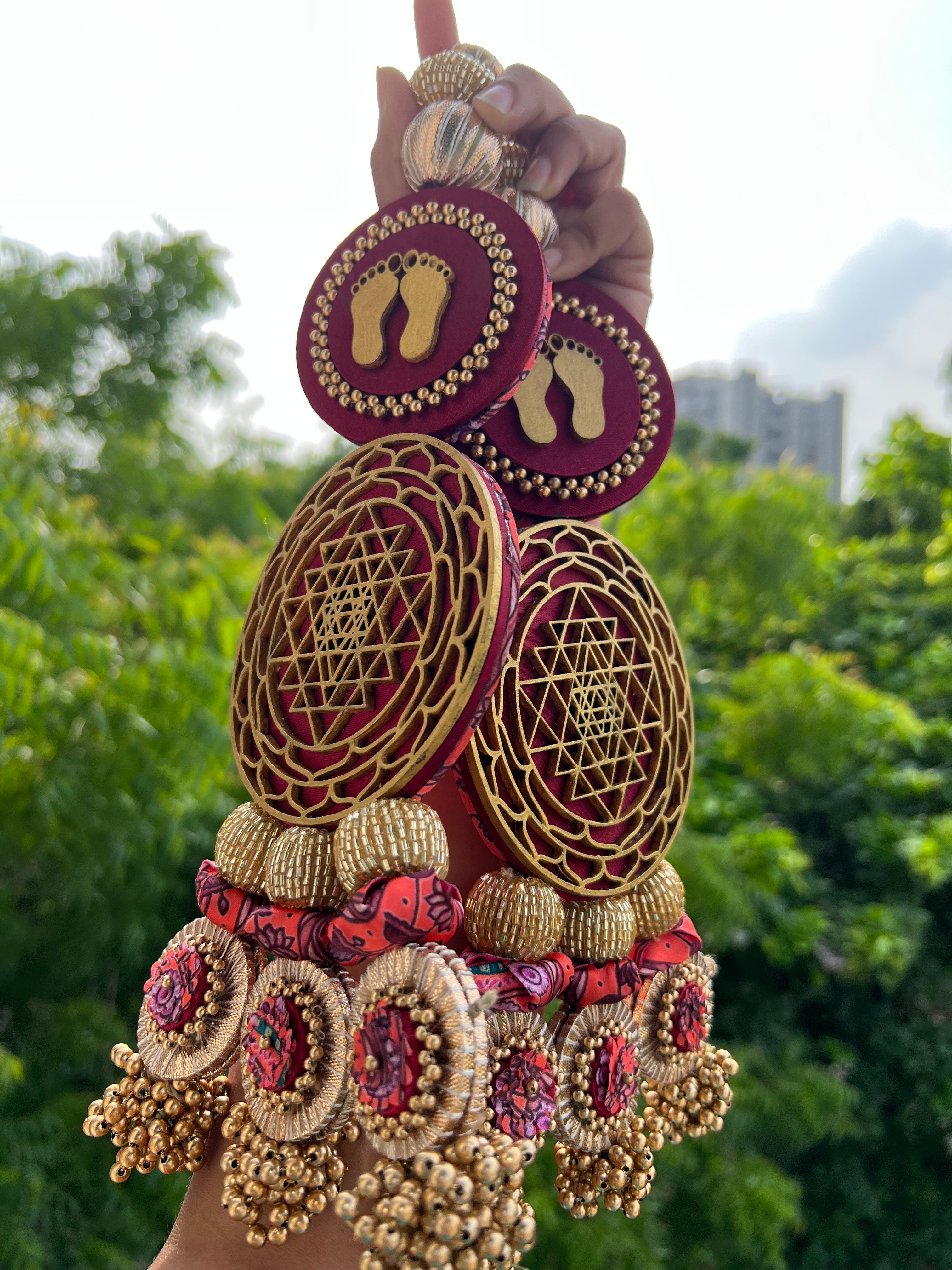 Shri Yantra & Lakshmi Pagla Danglers: Solid Maroon + Vermillion Divine Pichwai