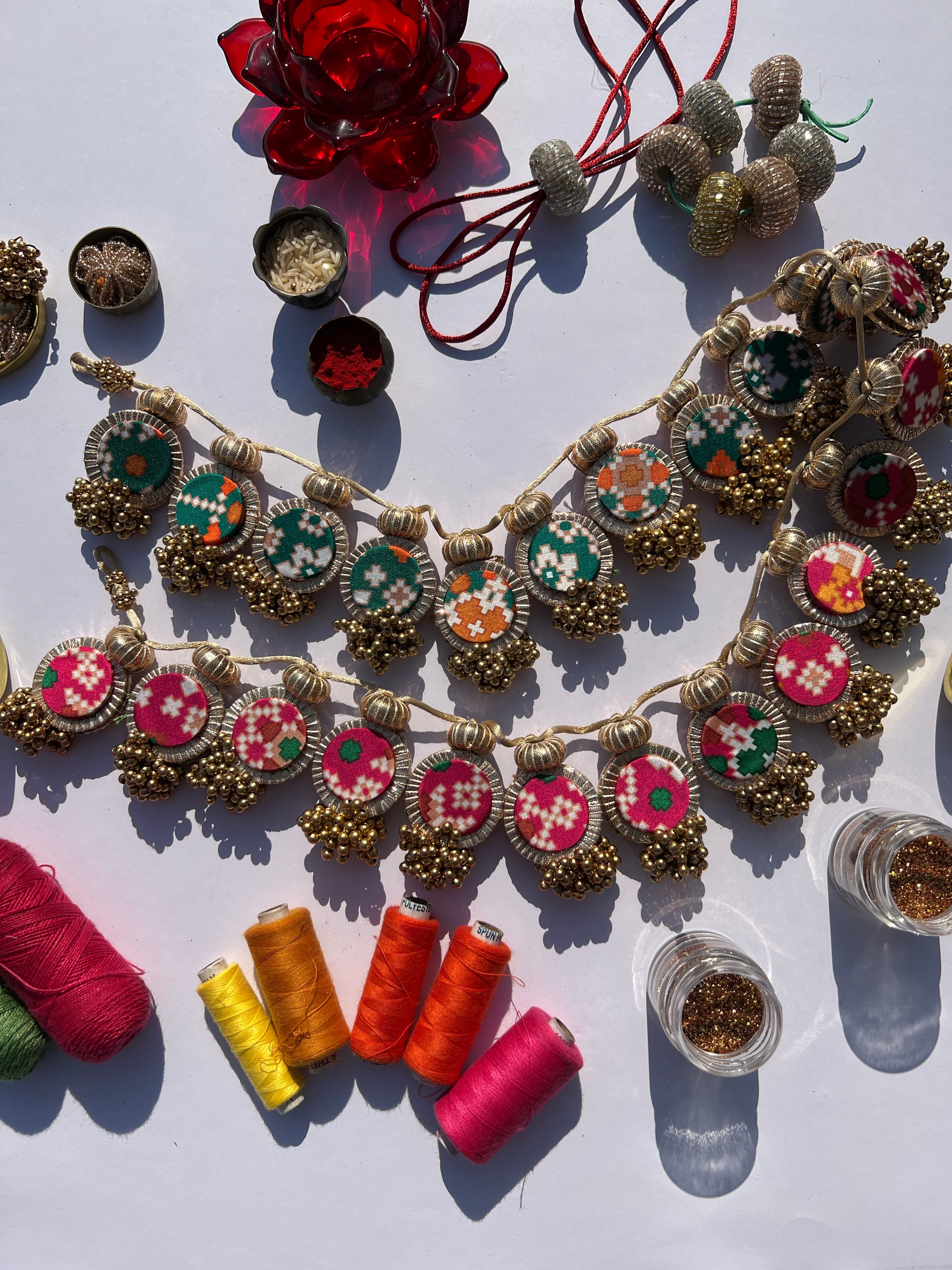 CANNOT NOT LIKE Bottle Green & Pink Navratna Patola Ensemble