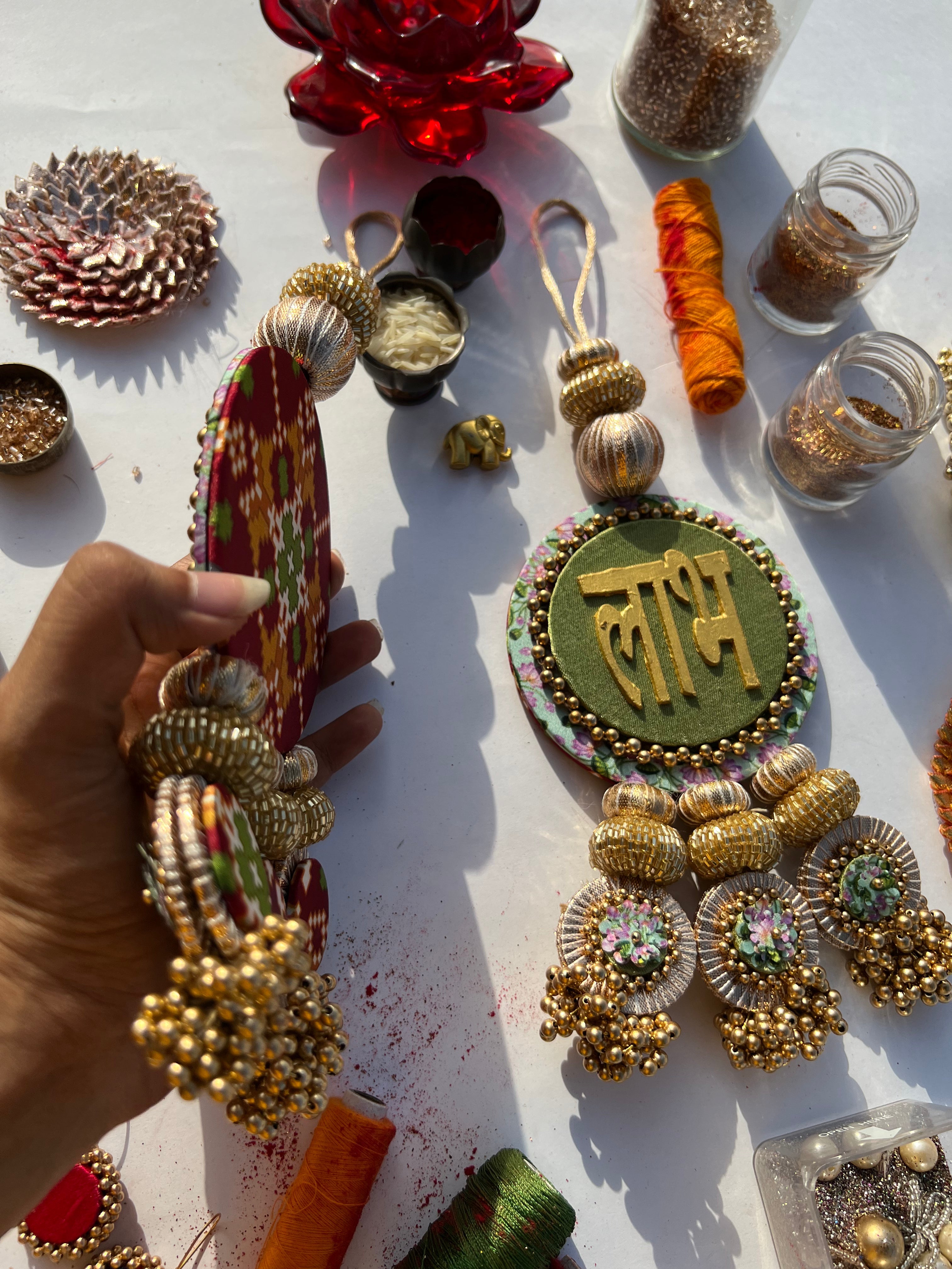 Maroon Navratna Patola & Pastel Pistachio Inflorescence Divine Pichwai Dangler- Set of 2