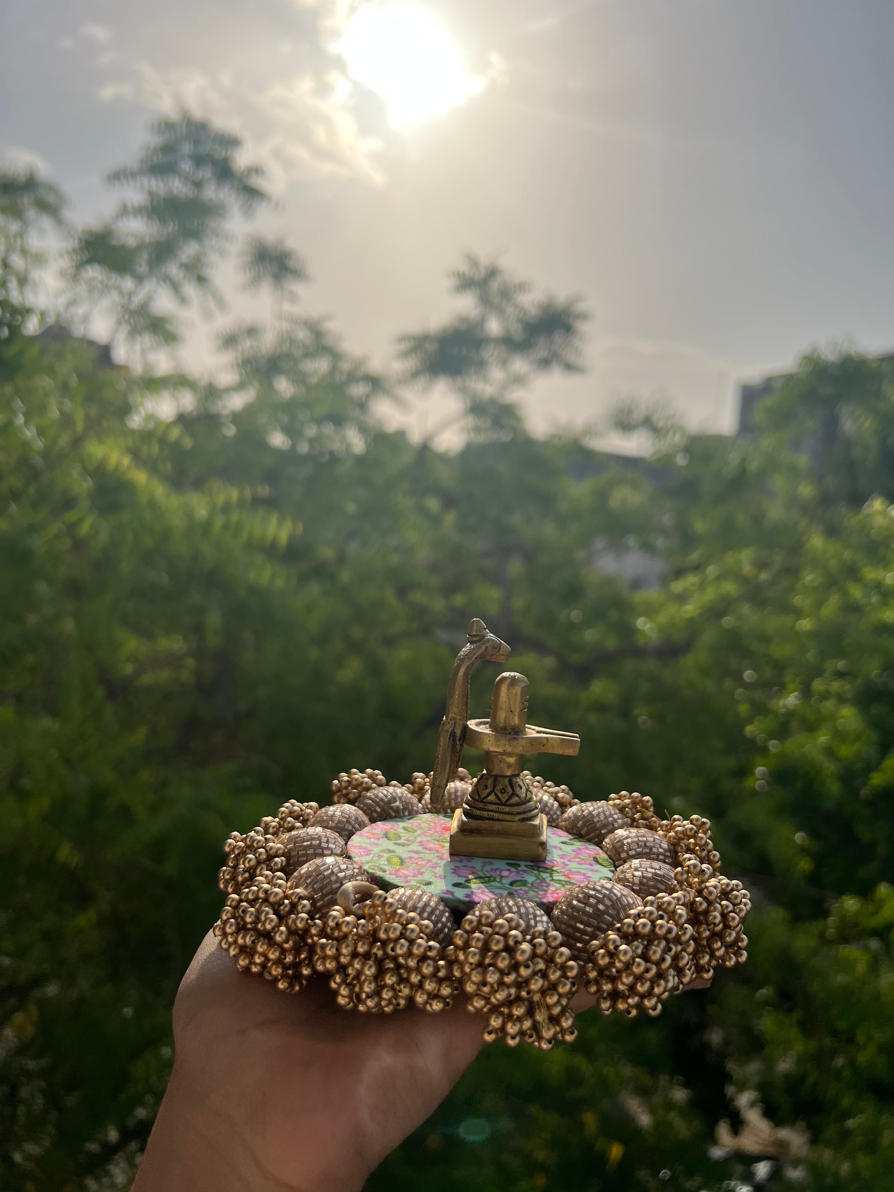 Spherical Mini Platter: Flare Mor Bani Thangat Kare + Pastel Pistachio Inflorescence Divine Pichwai