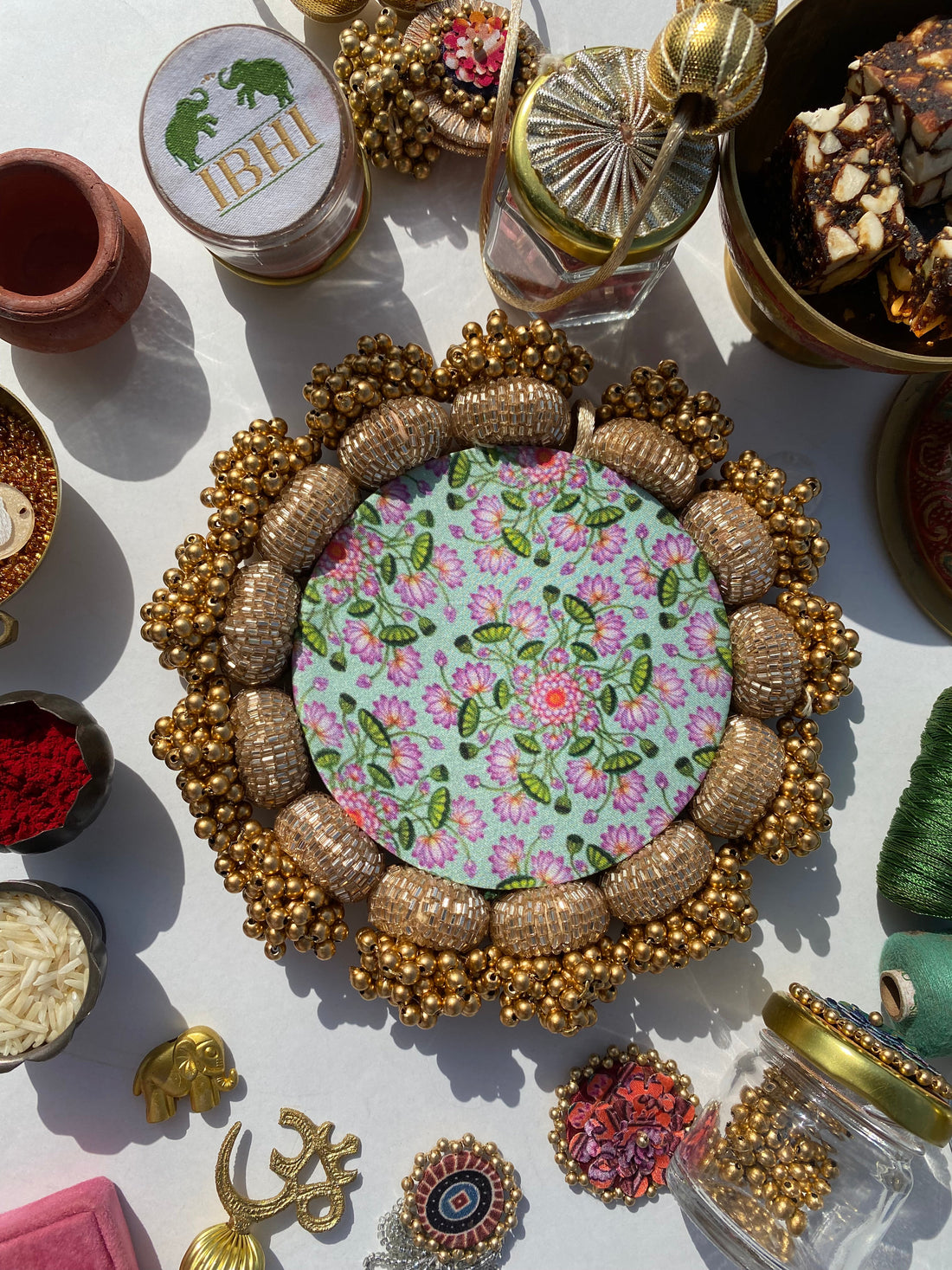 Mandala DIVA DIYA Platter: Solid Pastel Pistachio + Pastel Pistachio Inflorescence  Divine Pichwai