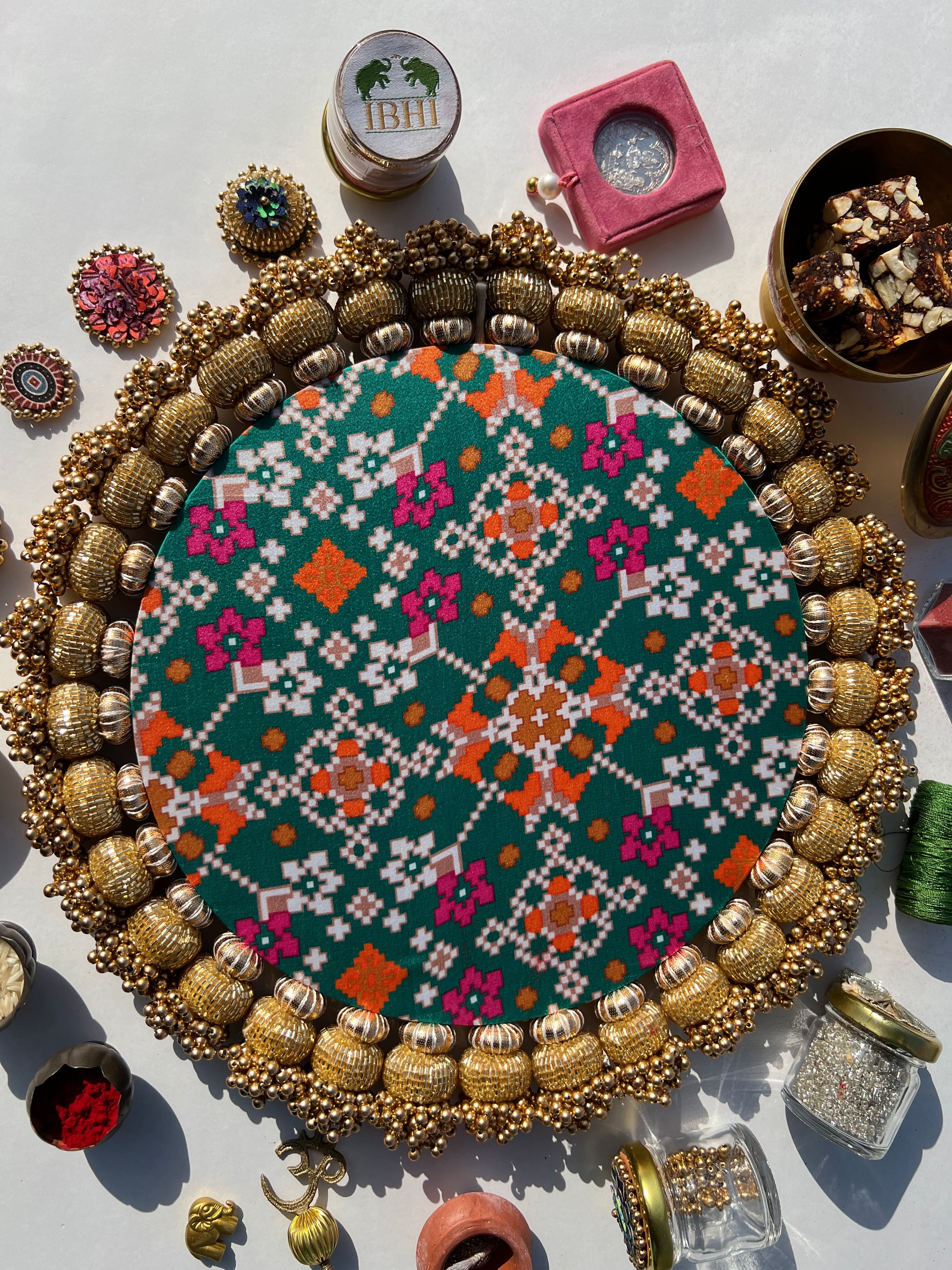 Ganesh Motif Platter + Hanging: Kamal Bandhej + Bottle Green Navratna Patola