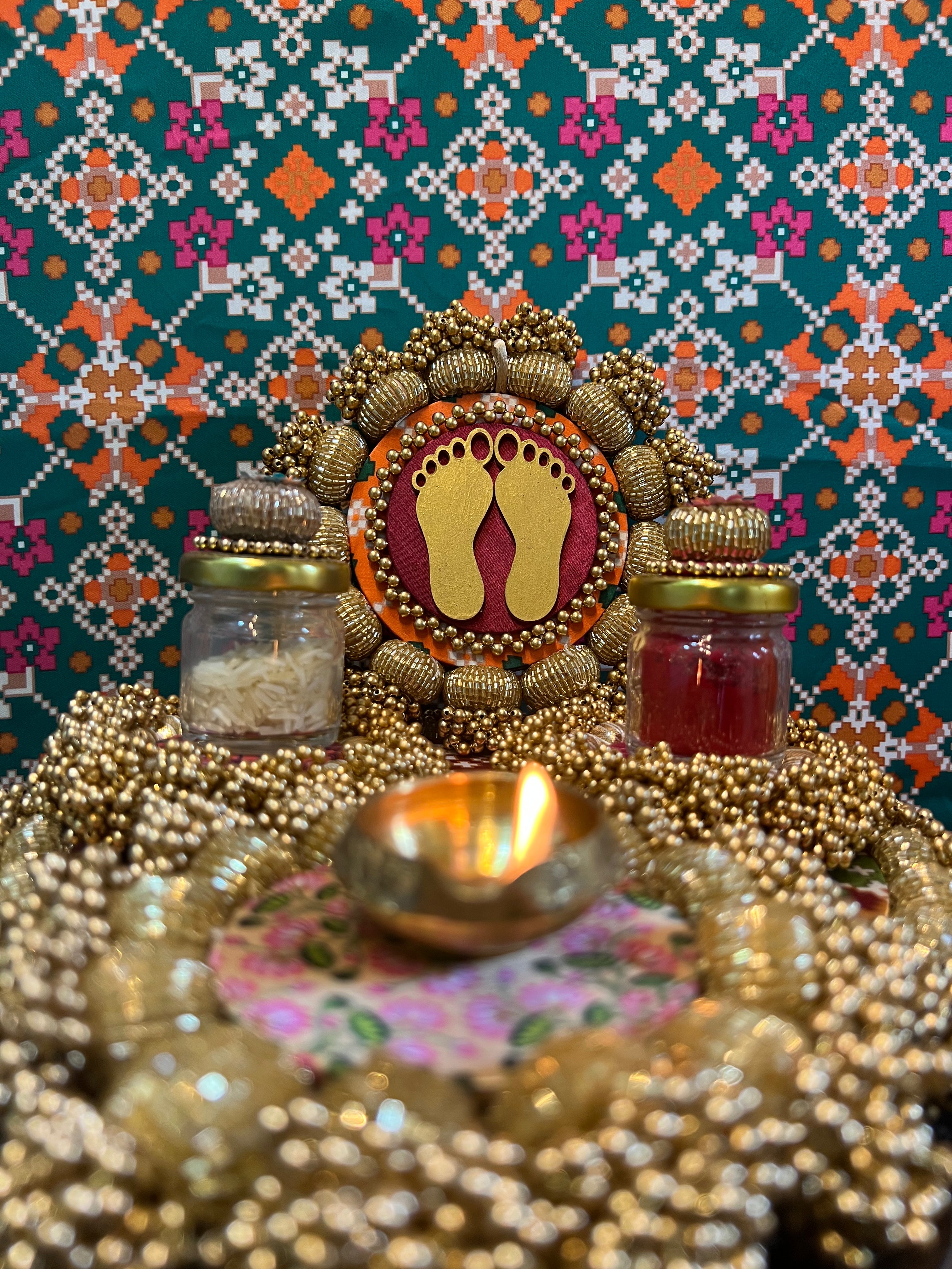 Lakshmi Pagla Platter + Hanging: Golden Yellow Navratna Patola + Vermillion Congruous Divine Pichwai