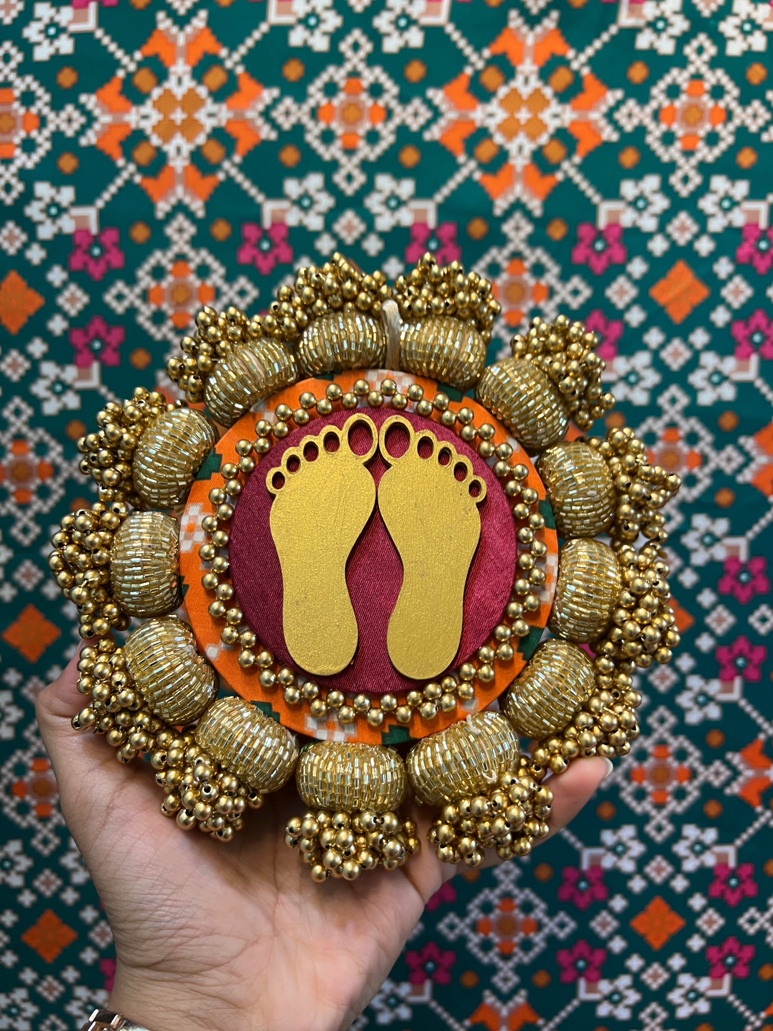 Lakshmi Pagla Platter + Hanging: Golden Yellow Navratna Patola + Vermillion Congruous Divine Pichwai