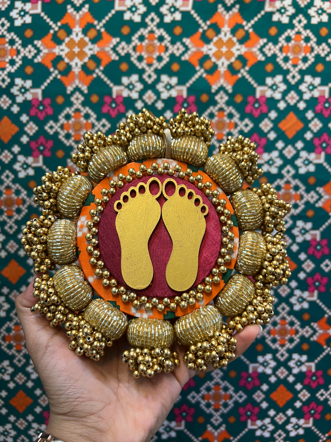 Lakshmi Pagla Platter + Hanging: Golden Yellow Navratna Patola + Vermillion Congruous Divine Pichwai
