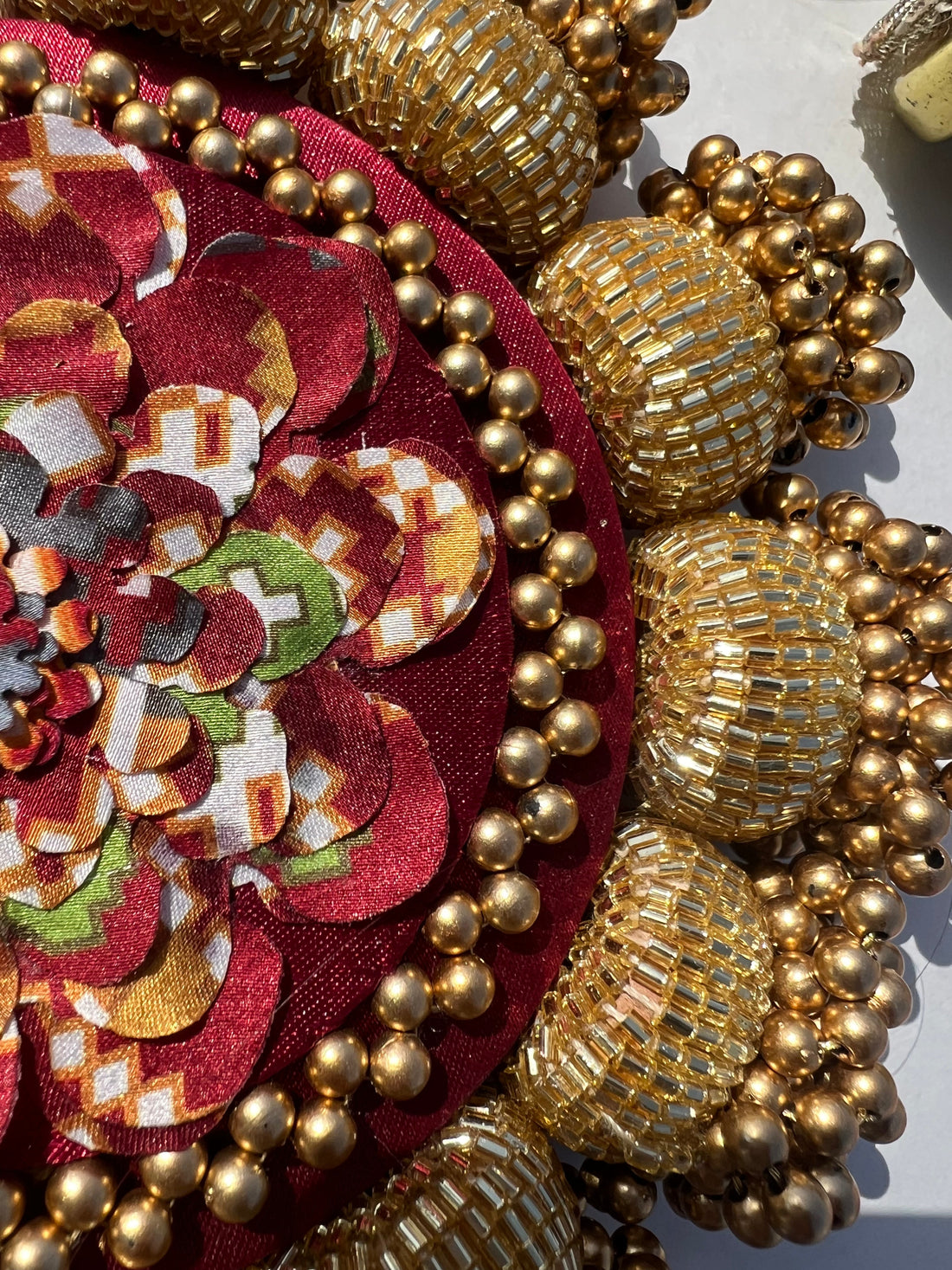 DIVA DIYA Platter: Enchanted Maroon Navratna Patola + Golden Yellow Navratna Patola
