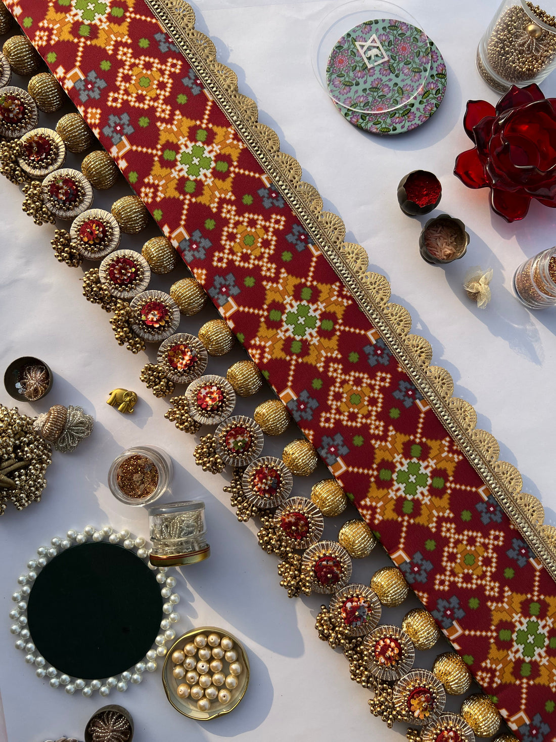 Spherical Enchanted Lumba: Maroon Navratna Patola & Pastel Pistachio Inflorescence Divine Pichwai Two Way Toran