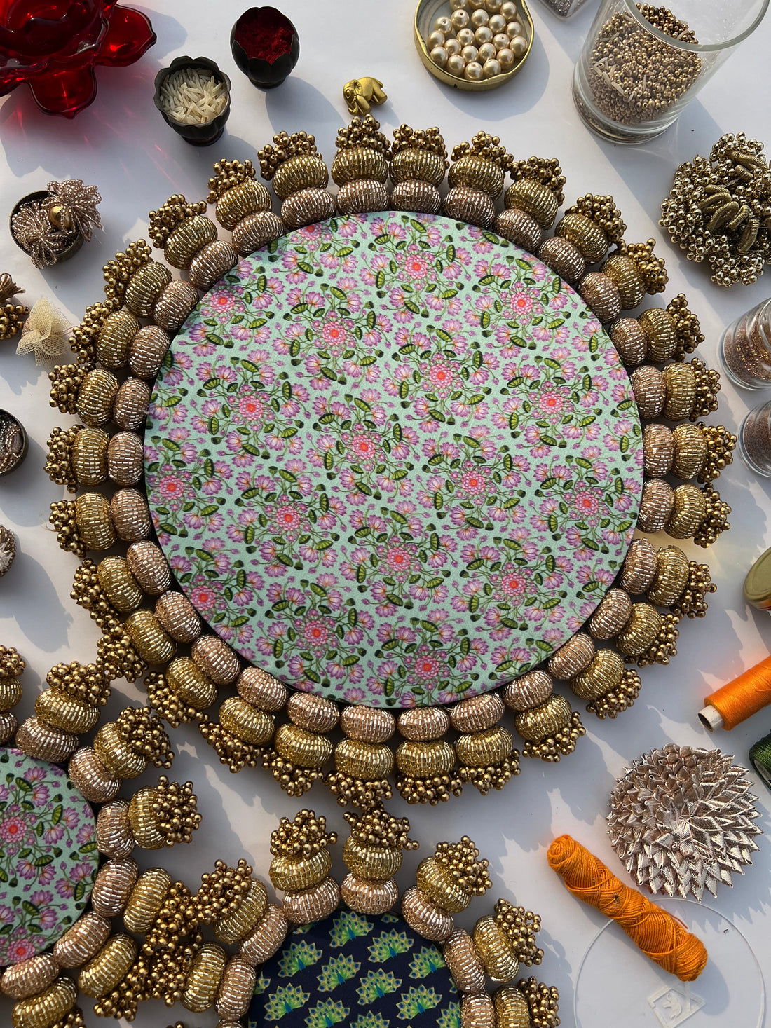 Chaandbali Pastel Pistachio Inflorescence Divine Pichwai and Flare MORBANI THANGAT KARERangoli + Diya Platters