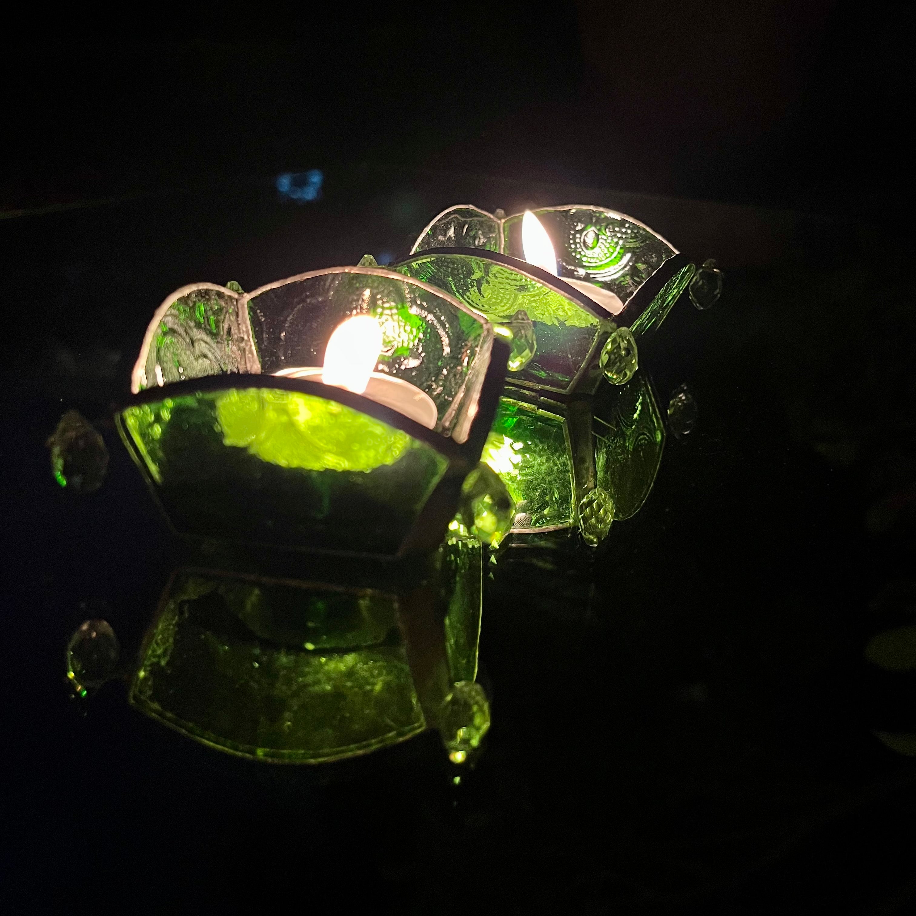 Emerald Green Textured Glass Diya - Set of 2